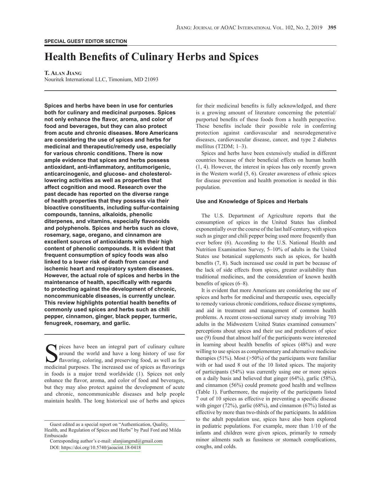 Health Benefits of Culinary Herbs and Spices by T. Alan Jiang