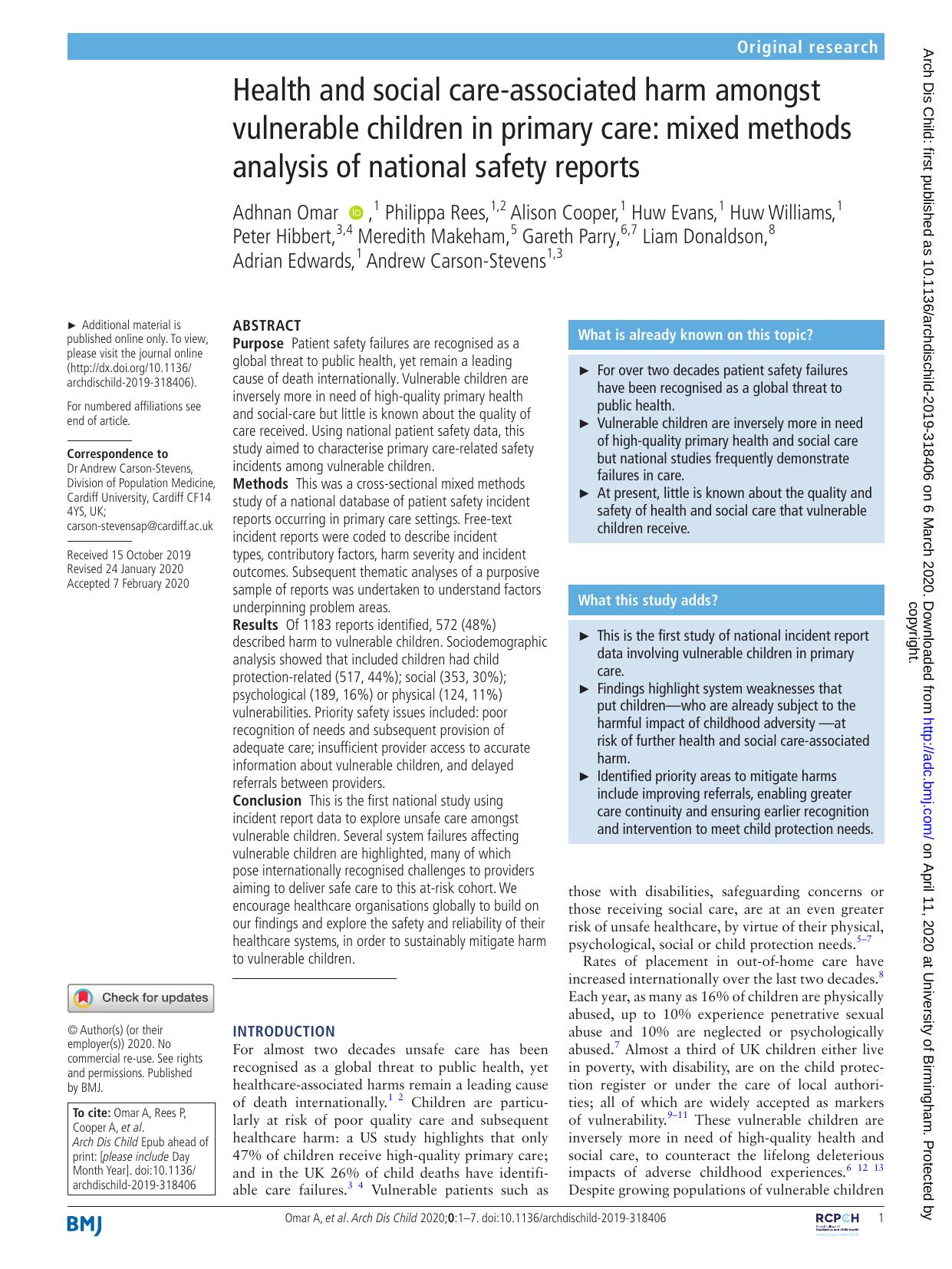 Health and social care-associated harm amongst vulnerable children in primary care: mixed methods analysis of national safety reports by Unknown