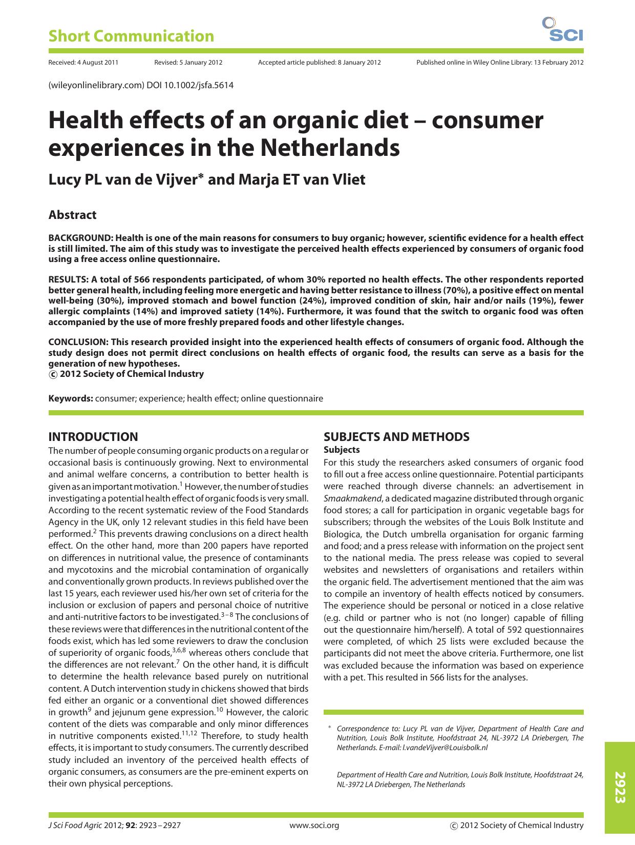 Health effects of an organic dietconsumer experiences in the Netherlands by Unknown