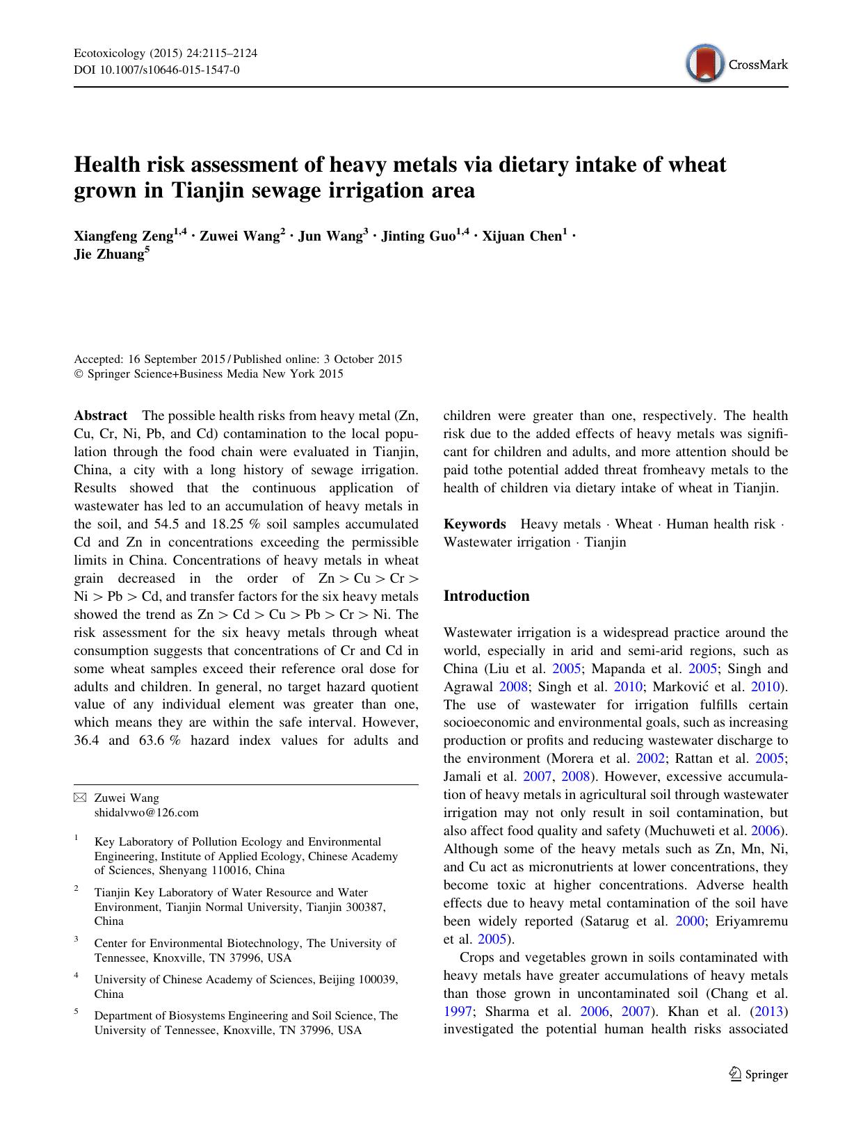 Health risk assessment of heavy metals via dietary intake of wheat grown in Tianjin sewage irrigation area by Xiangfeng Zeng & Zuwei Wang & Jun Wang & Jinting Guo & Xijuan Chen & Jie Zhuang