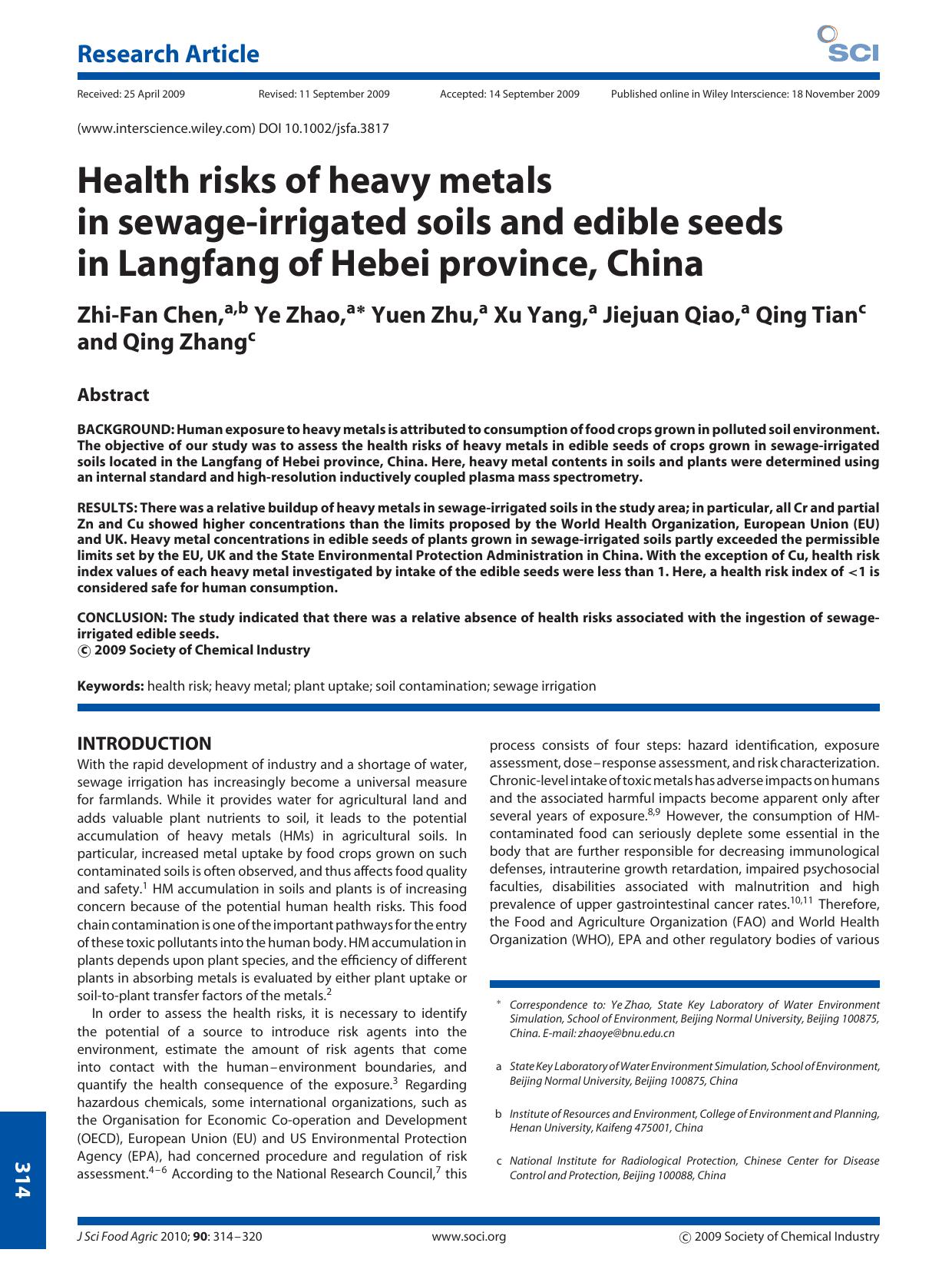 Health risks of heavy metals in sewage-irrigated soils and edible seeds in Langfang of Hebei province, China by Unknown