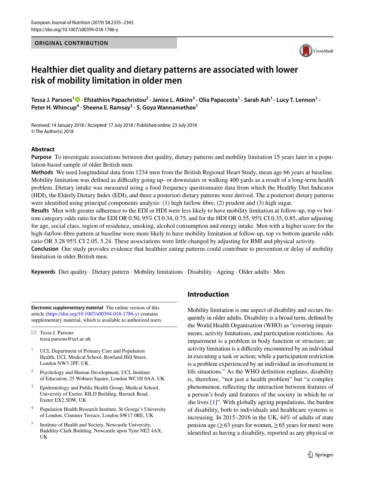 Healthier diet quality and dietary patterns are associated with lower risk of mobility limitation in older men by Tessa J. Parsons