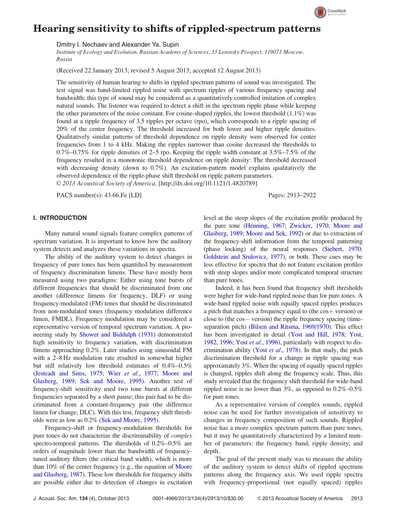 Hearing sensitivity to shifts of rippled-spectrum patterns by Dmitry I. Nechaev and Alexander Ya. Supin