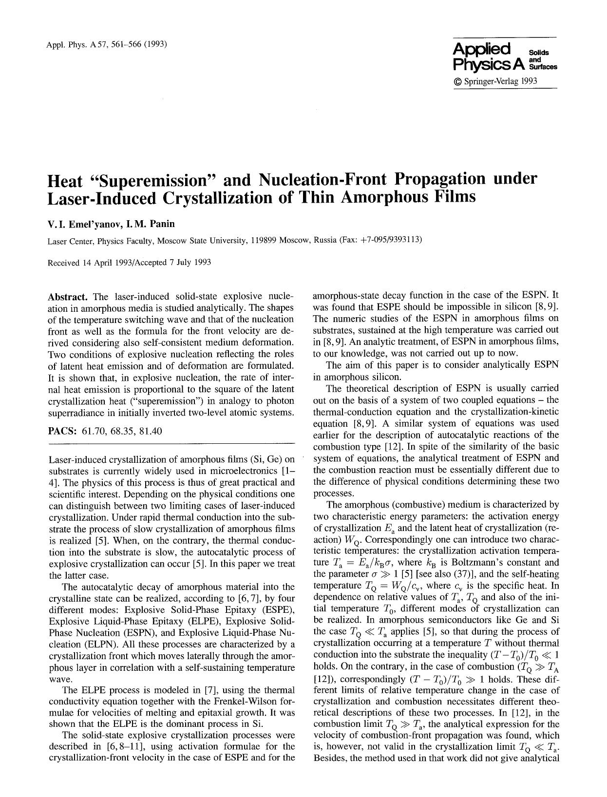 Heat “superemission” and nucleation-front propagation under laser-induced crystallization of thin amorphous films by Unknown