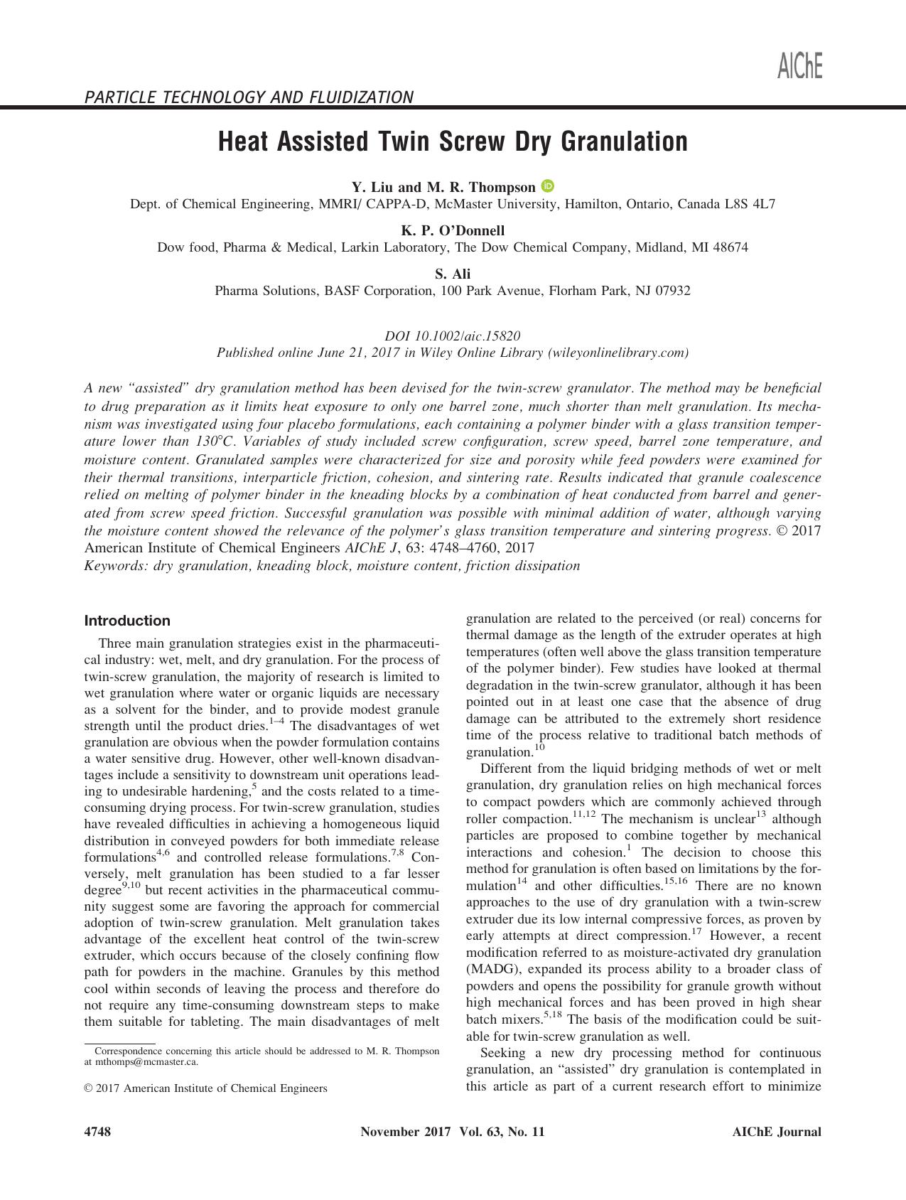 Heat Assisted Twin Screw Dry Granulation by Unknown