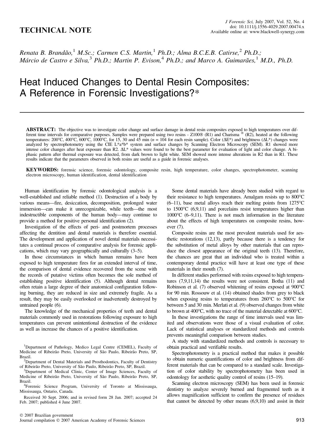 Heat Induced Changes to Dental Resin Composites: A Reference in Forensic Investigations?* by Unknown