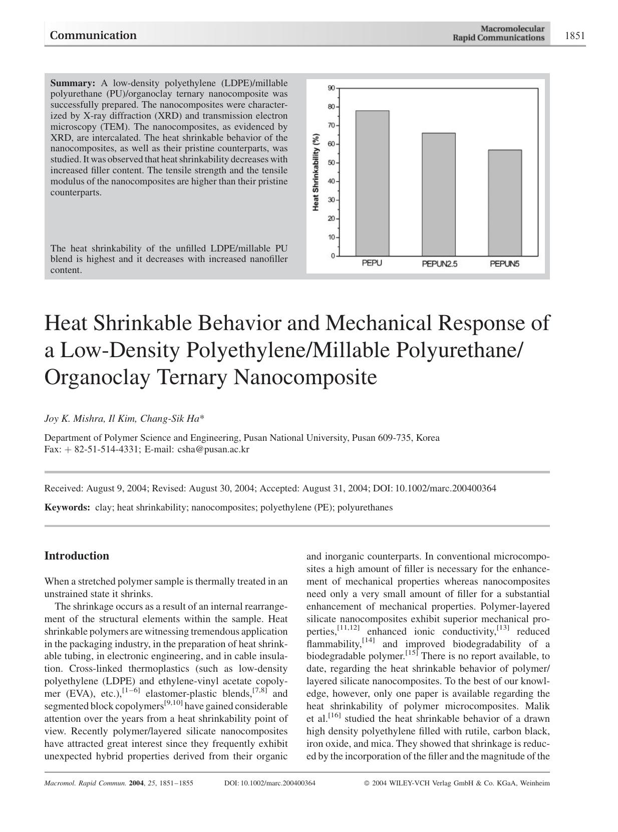 Heat Shrinkable Behavior and Mechanical Response of a Low-Density PolyethyleneMillable PolyurethaneOrganoclay Ternary Nanocomposite by Unknown