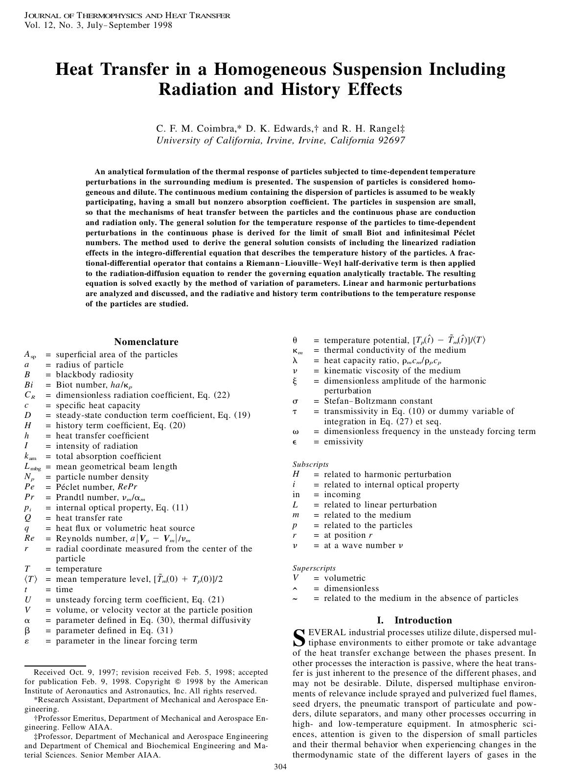 Heat Transfer in a Homogeneous Suspension Including Radiation and History Effects by Unknown