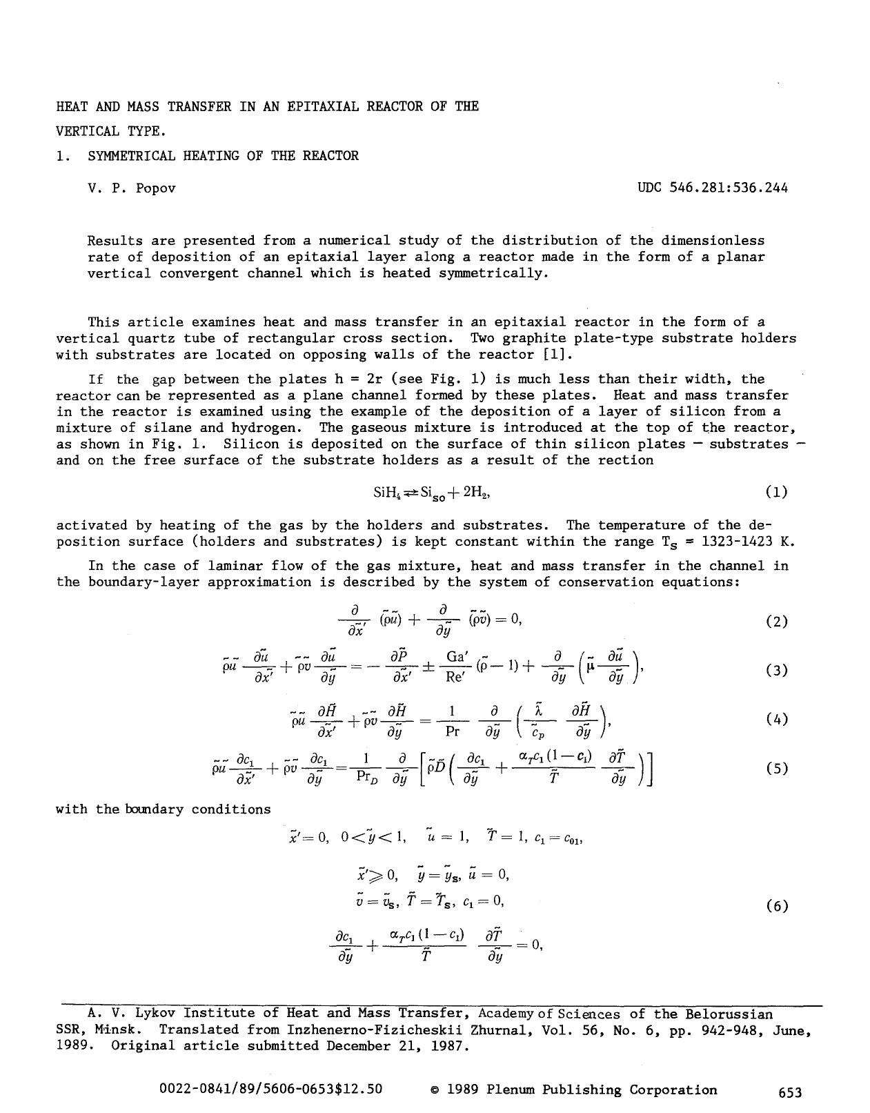 Heat and mass transfer in an epitaxial reactor of the vertical type 1. Symmetrical heating of the reactor by Unknown