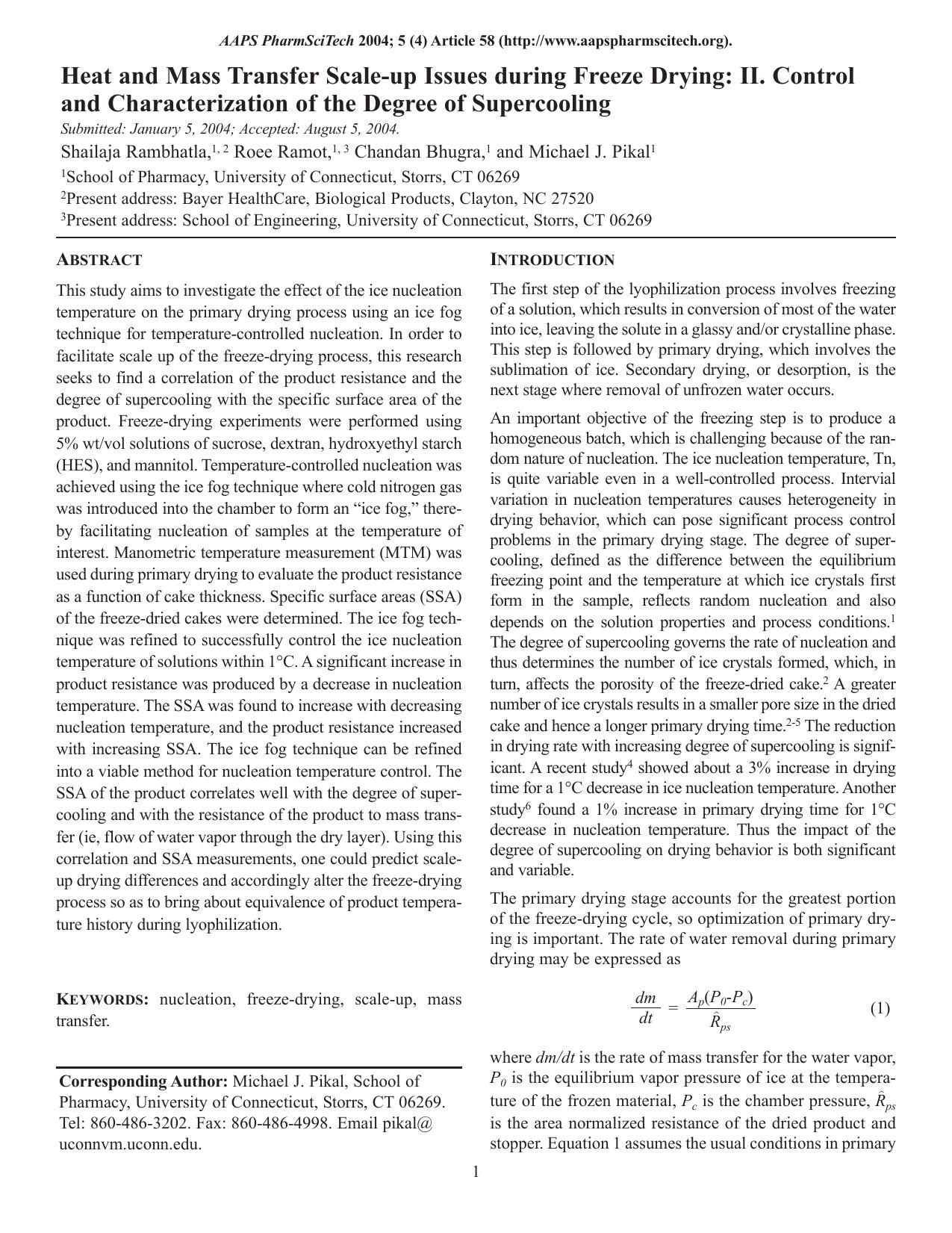 Heat and mass transfer scale-up issues during freeze drying: II. Control and characterization of the degree of supercooling by Unknown