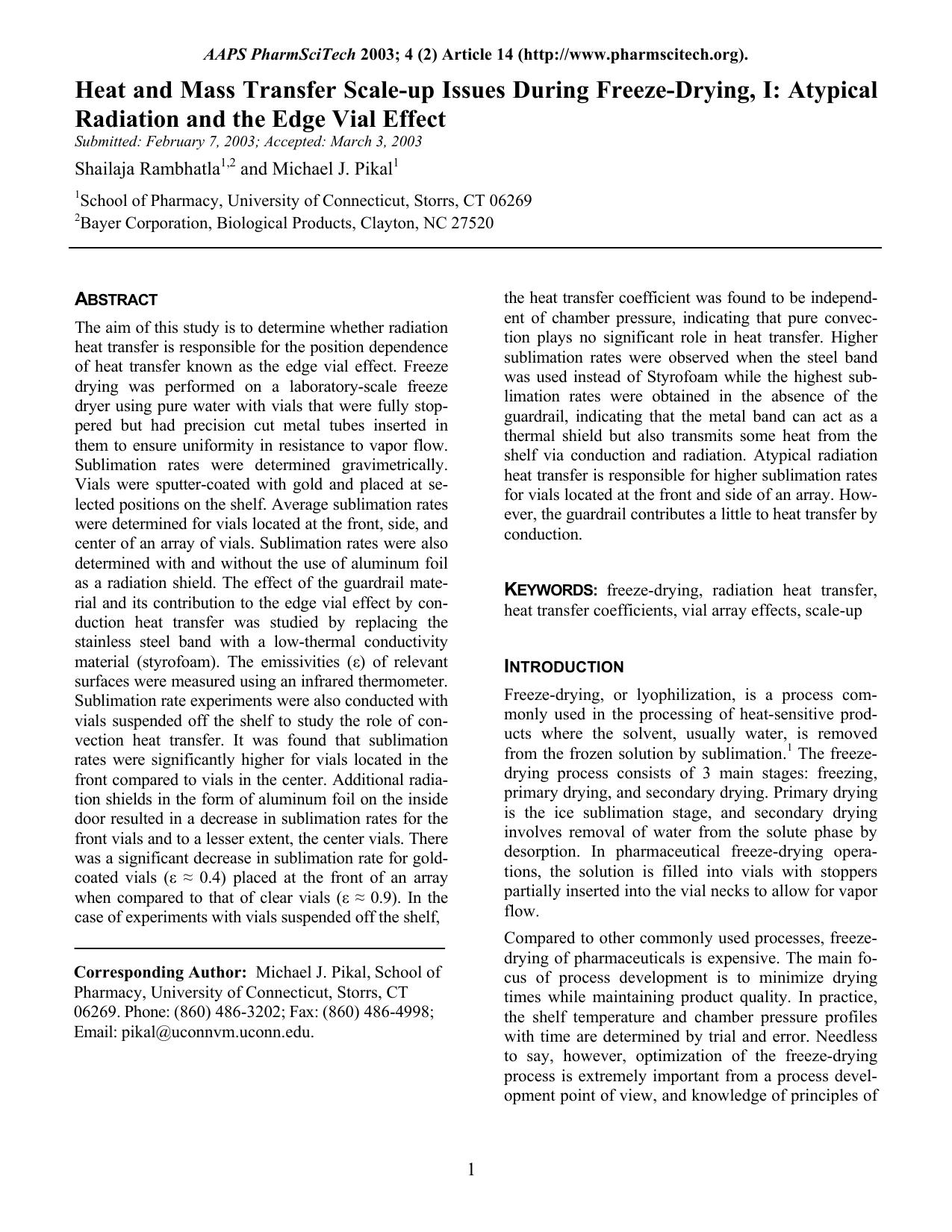 Heat and mass transfer scale-up issues during freeze-drying, I: Atypical radiation and the edge vial effect by Unknown