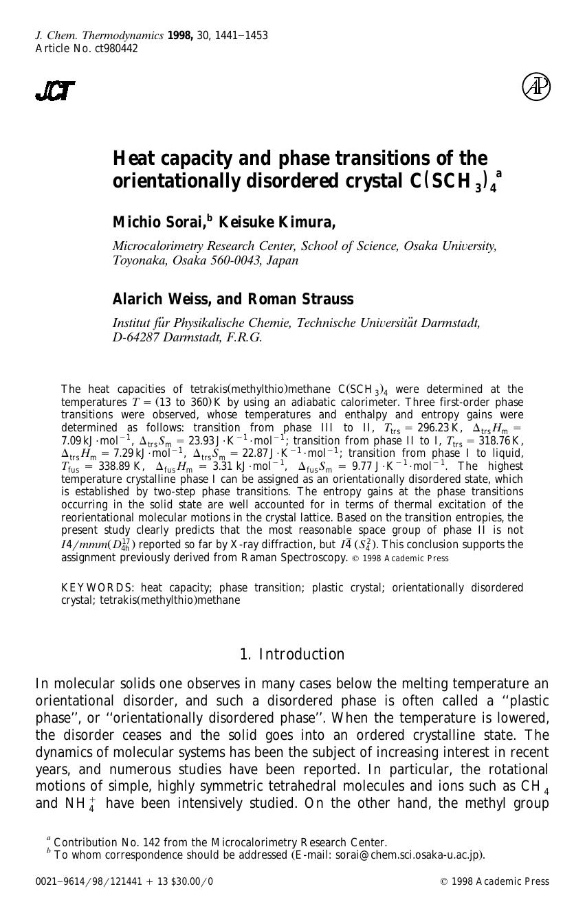 Heat capacity and phase transitions of the orientationally disordered crystal C(SCH3)4 by Sorai M. et al