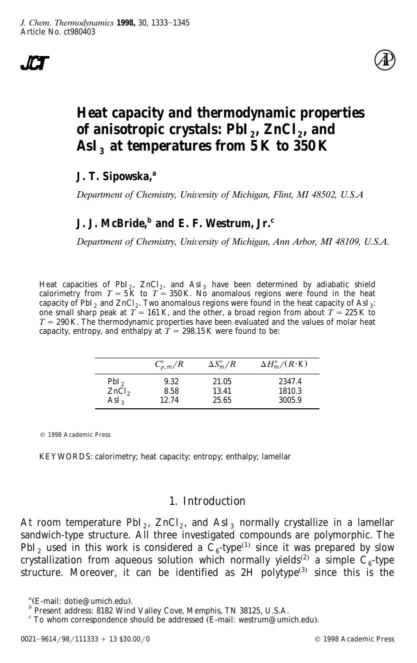 Heat capacity and thermodynamic properties of anisotropic crystals: PbI2, ZnCl2, and AsI3 at temperatures from 5 K to 350 K by Sipowska J. T. et al
