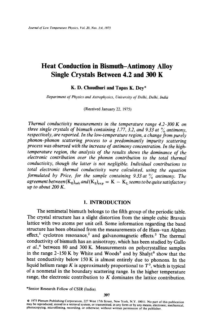 Heat conduction in bismuth-antimony alloy single crystals between 4.2 and 300 K by Unknown