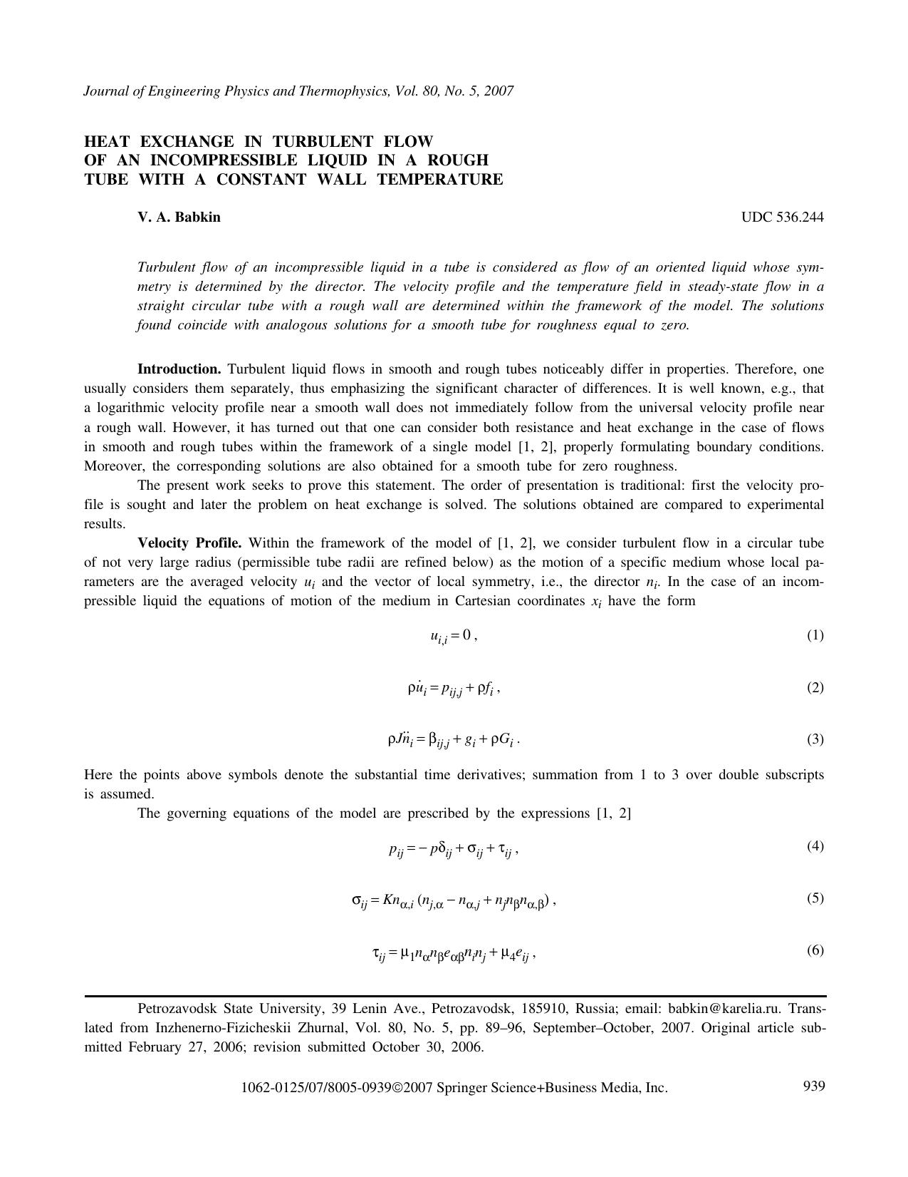 Heat exchange in turbulent flow of an incompressible liquid in a rough tube with a constant wall temperature by Unknown