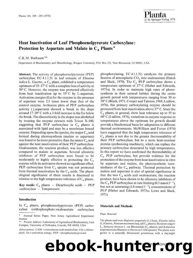 Heat inactivation of leaf phosphoenolpyruvate carboxylase: Protection by aspartate and malate in C<Subscript>4<Subscript> plants by Unknown