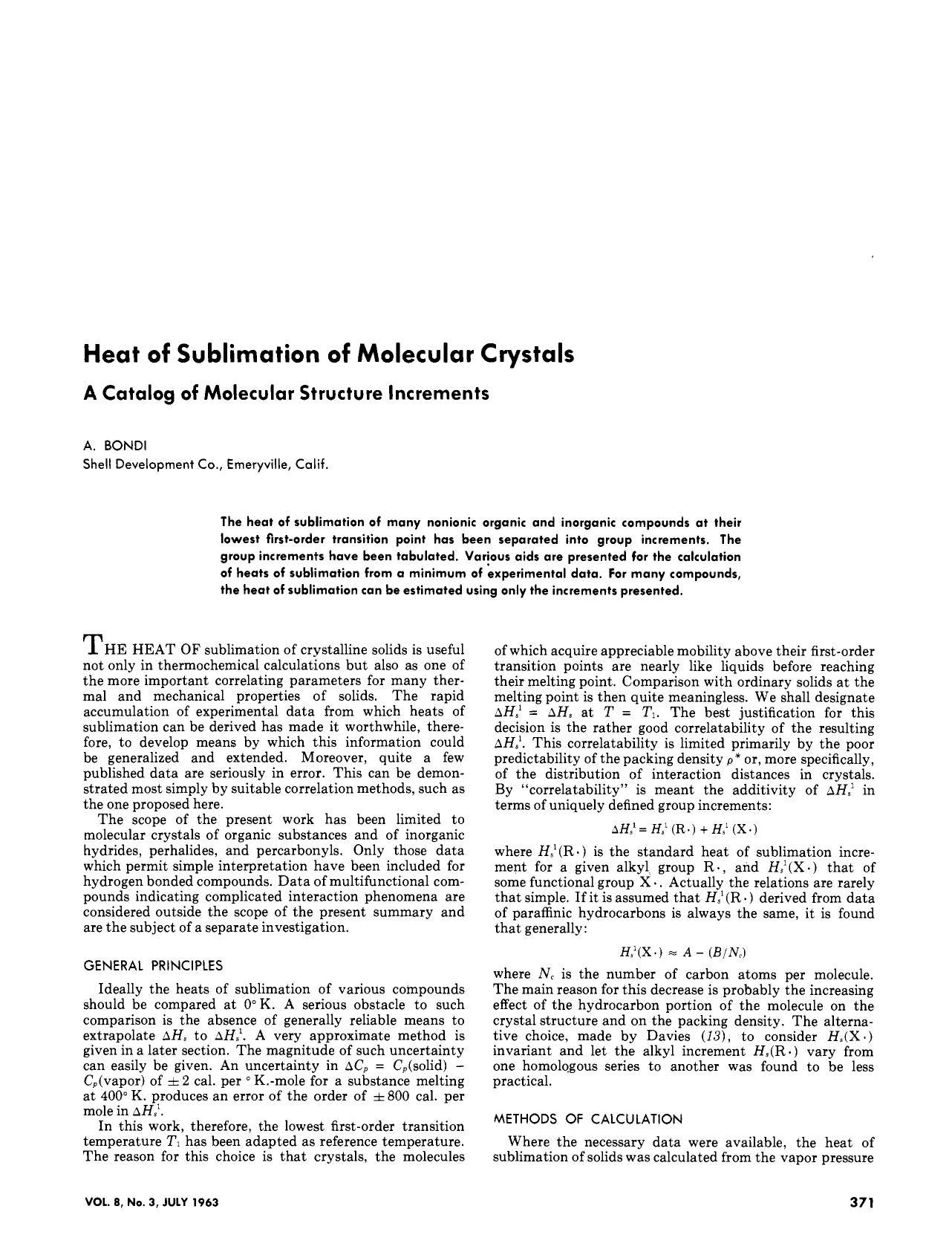 Heat of Siblimation of Molecular Crystals: A Catalog of Molecular Structure Increments. by A. Bondi