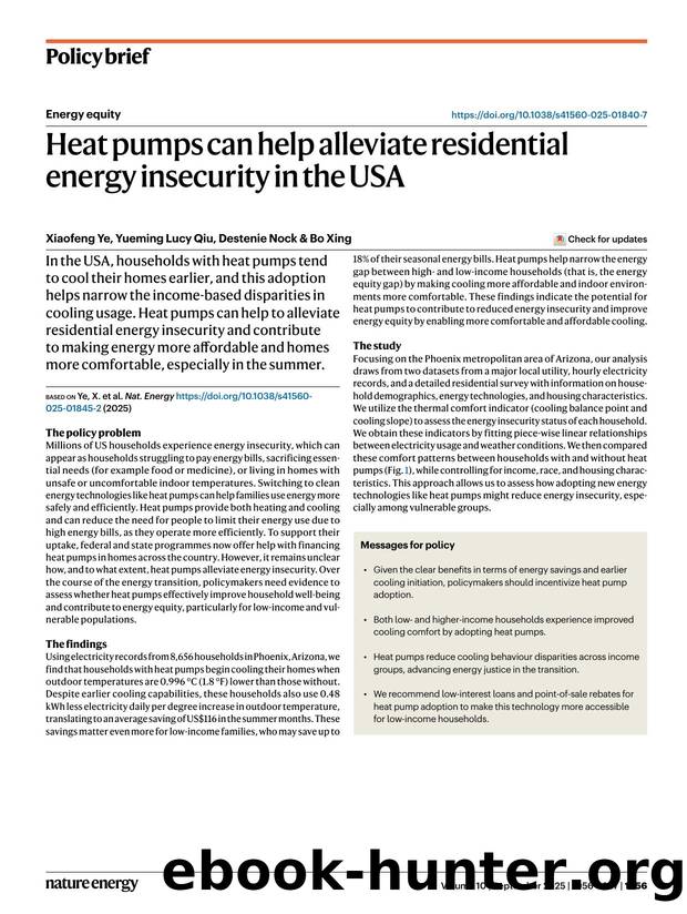 Heat pumps can help alleviate residential energy insecurity in the USA by Xiaofeng Ye & Yueming Lucy Qiu & Destenie Nock & Bo Xing