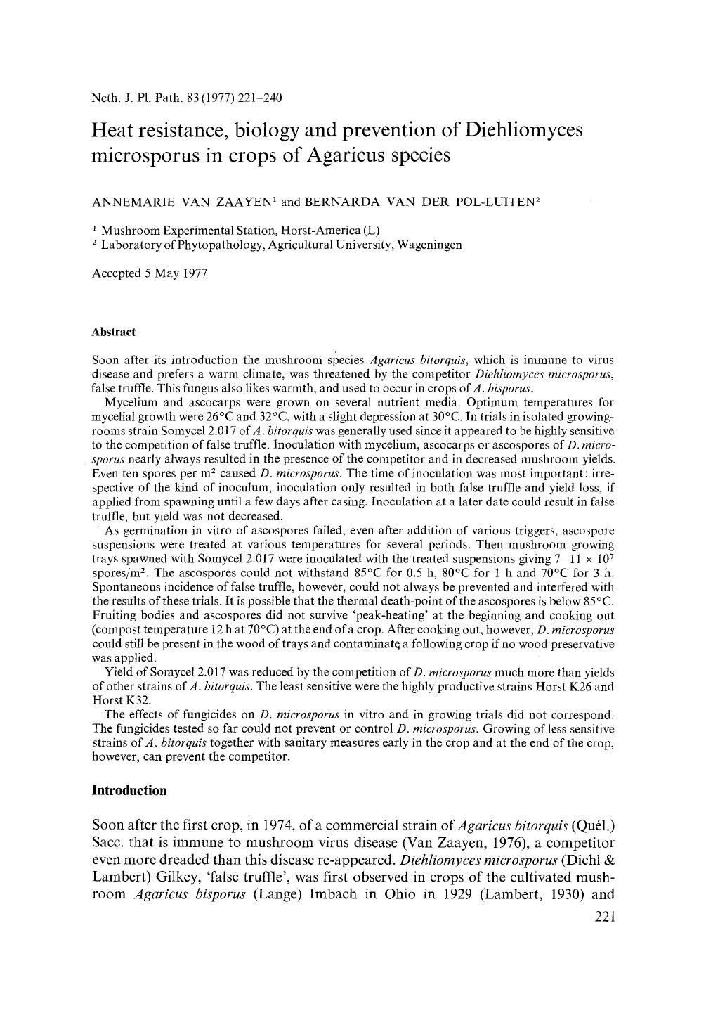 Heat resistance, biology and prevention of Diehliomyces microsporus in crops of Agaricus species by Unknown