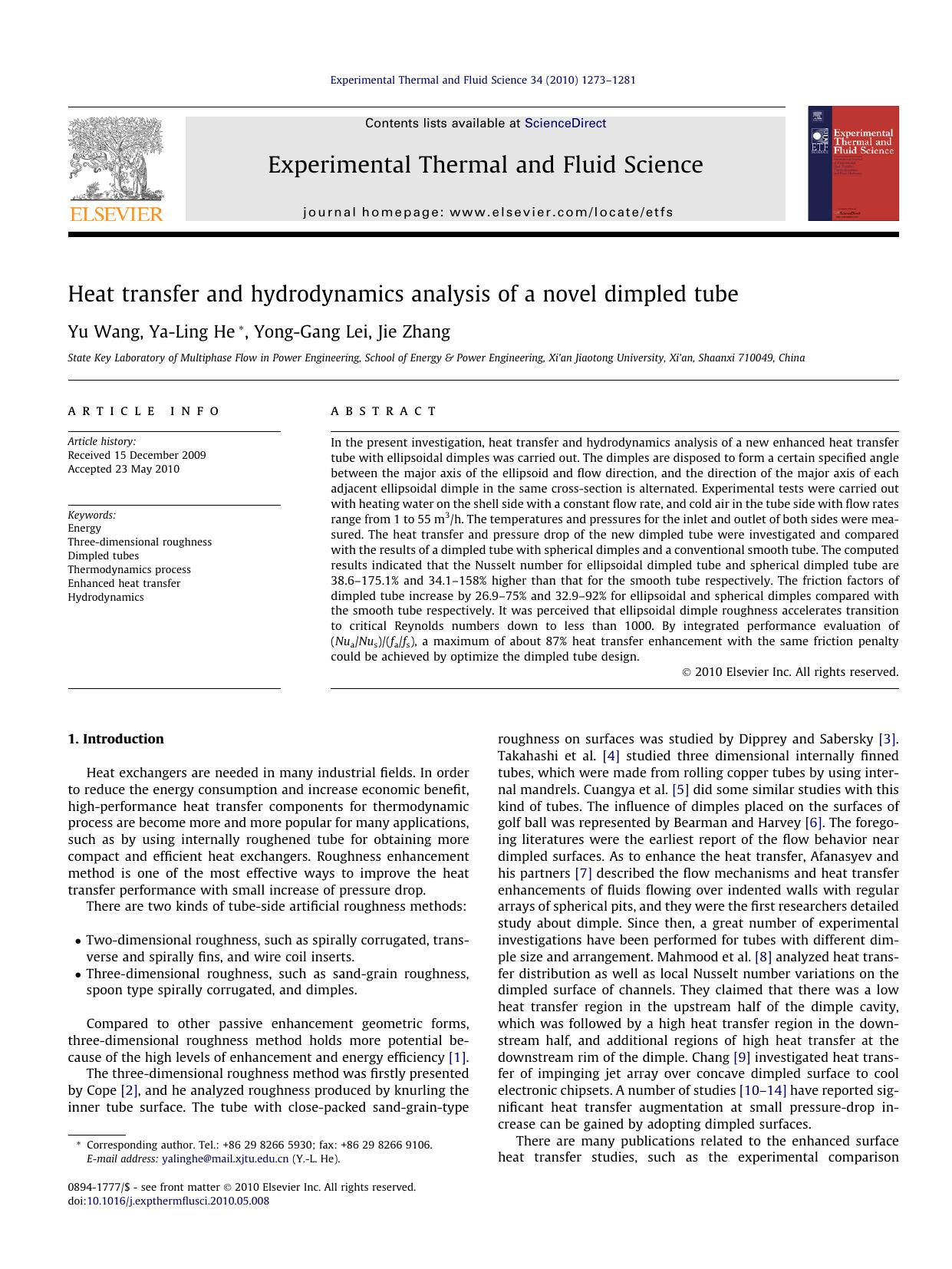 Heat transfer and hydrodynamics analysis of a novel dimpled tube by Yu Wang & Ya-Ling He & Yong-Gang Lei & Jie Zhang