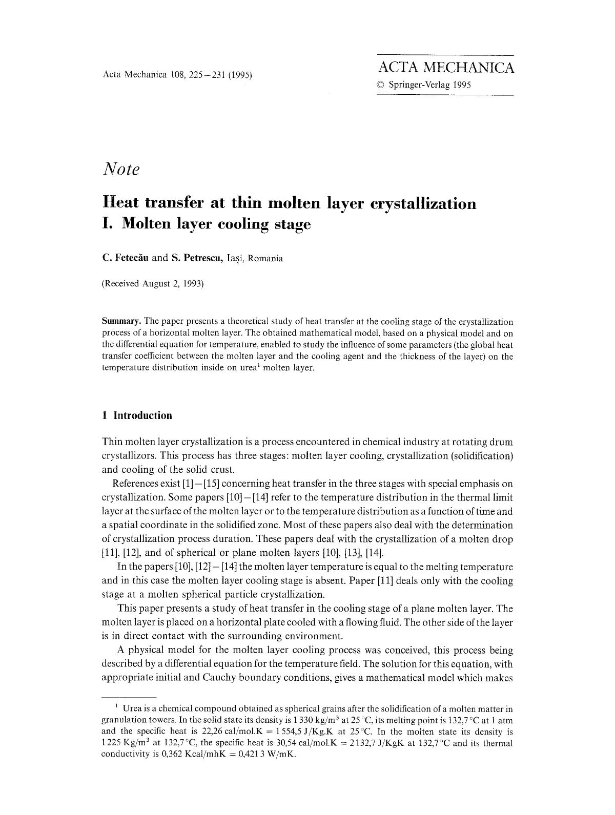 Heat transfer at thin molten layer crystallization I. Molten layer cooling stage by Unknown