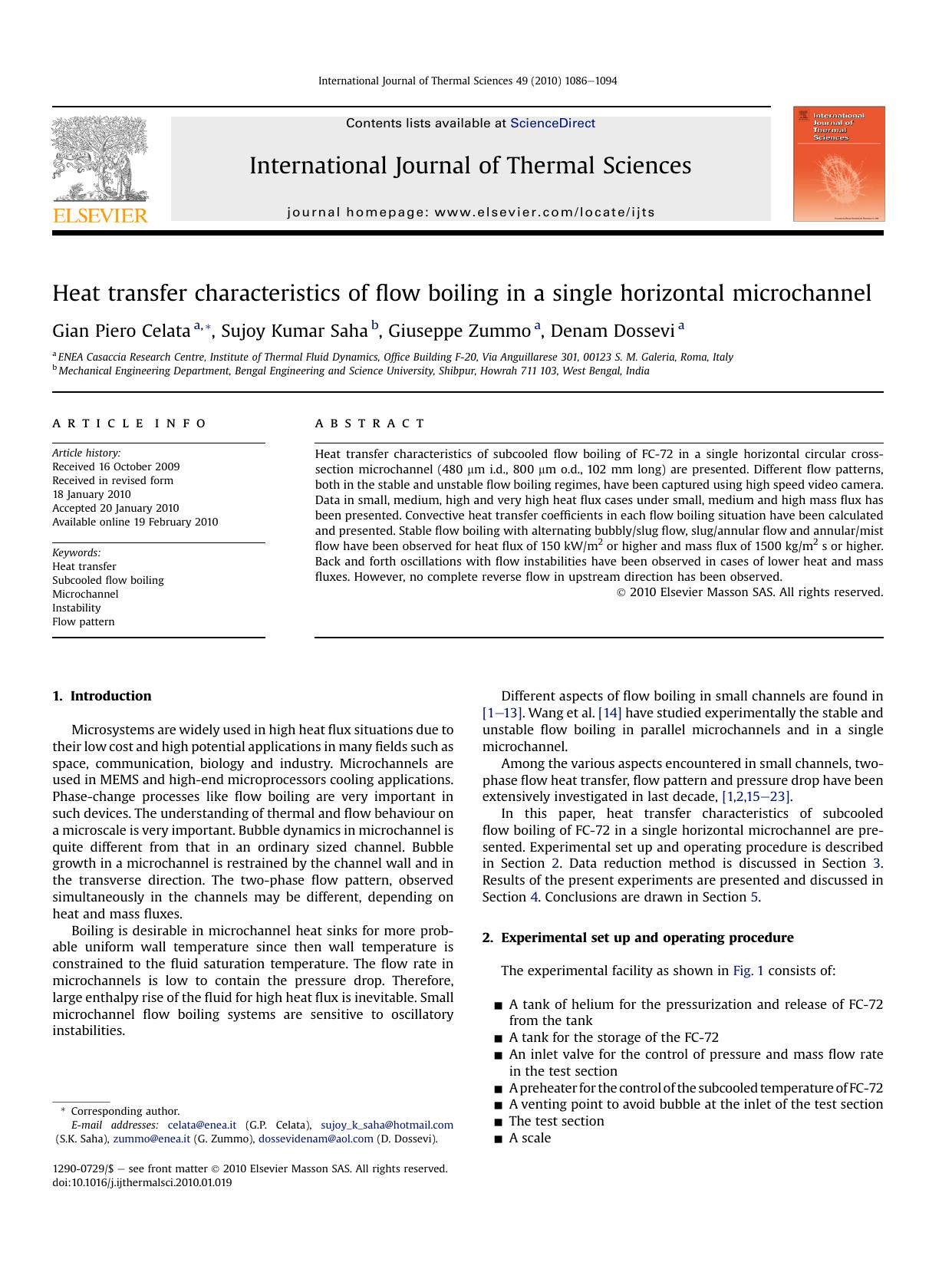 Heat transfer characteristics of flow boiling in a single horizontal microchannel by Gian Piero Celata; Sujoy Kumar Saha; Giuseppe Zummo; Denam Dossevi