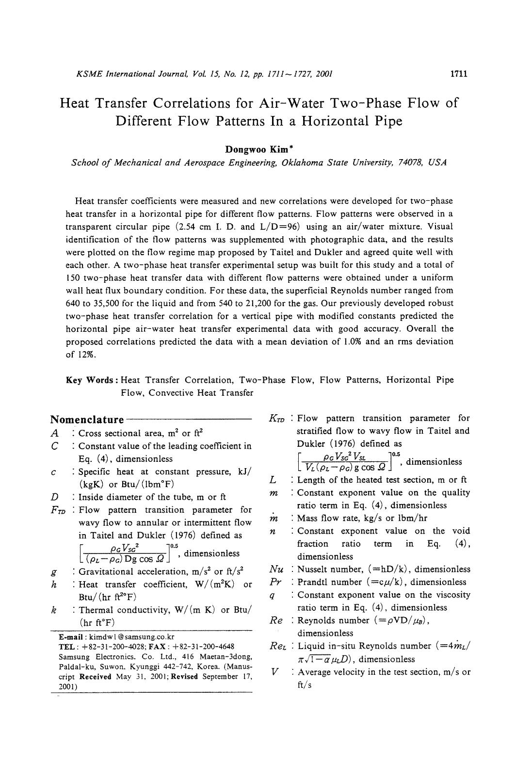 Heat transfer correlations for air-water two-phase flow of different flow patterns in a horizontal pipe by Unknown