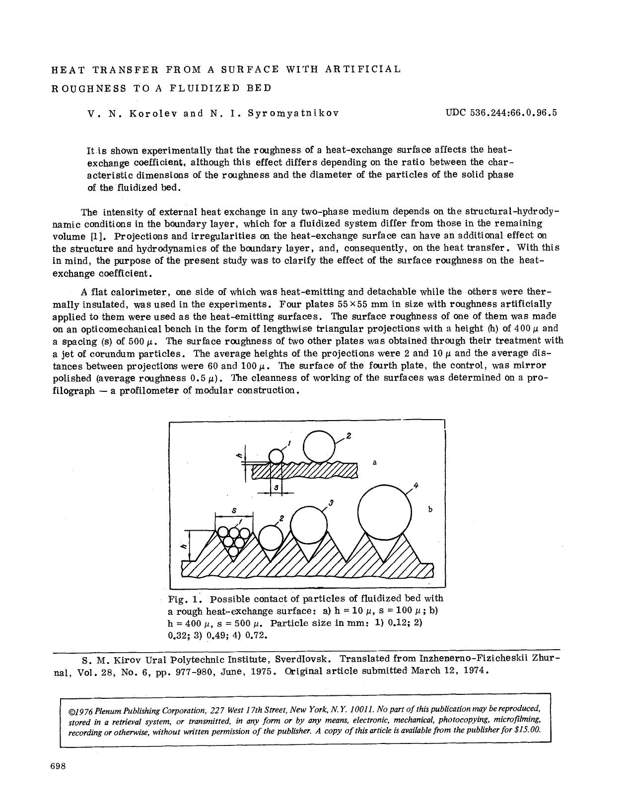 Heat transfer from a surface with artificial roughness to a fluidized bed by Unknown