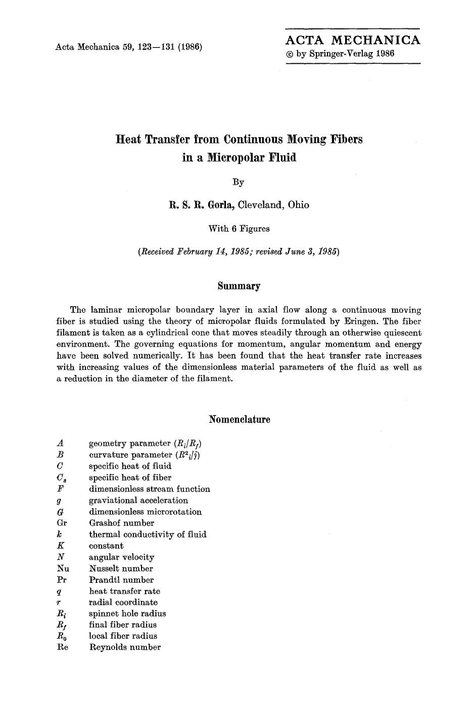 Heat transfer from continuous moving fibers in a micropolar fluid by Unknown