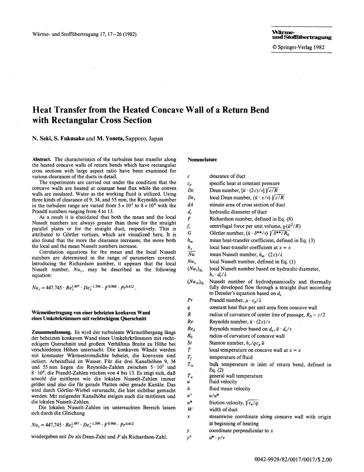 Heat transfer from the heated concave wall of a return bend with rectangular cross section by Unknown