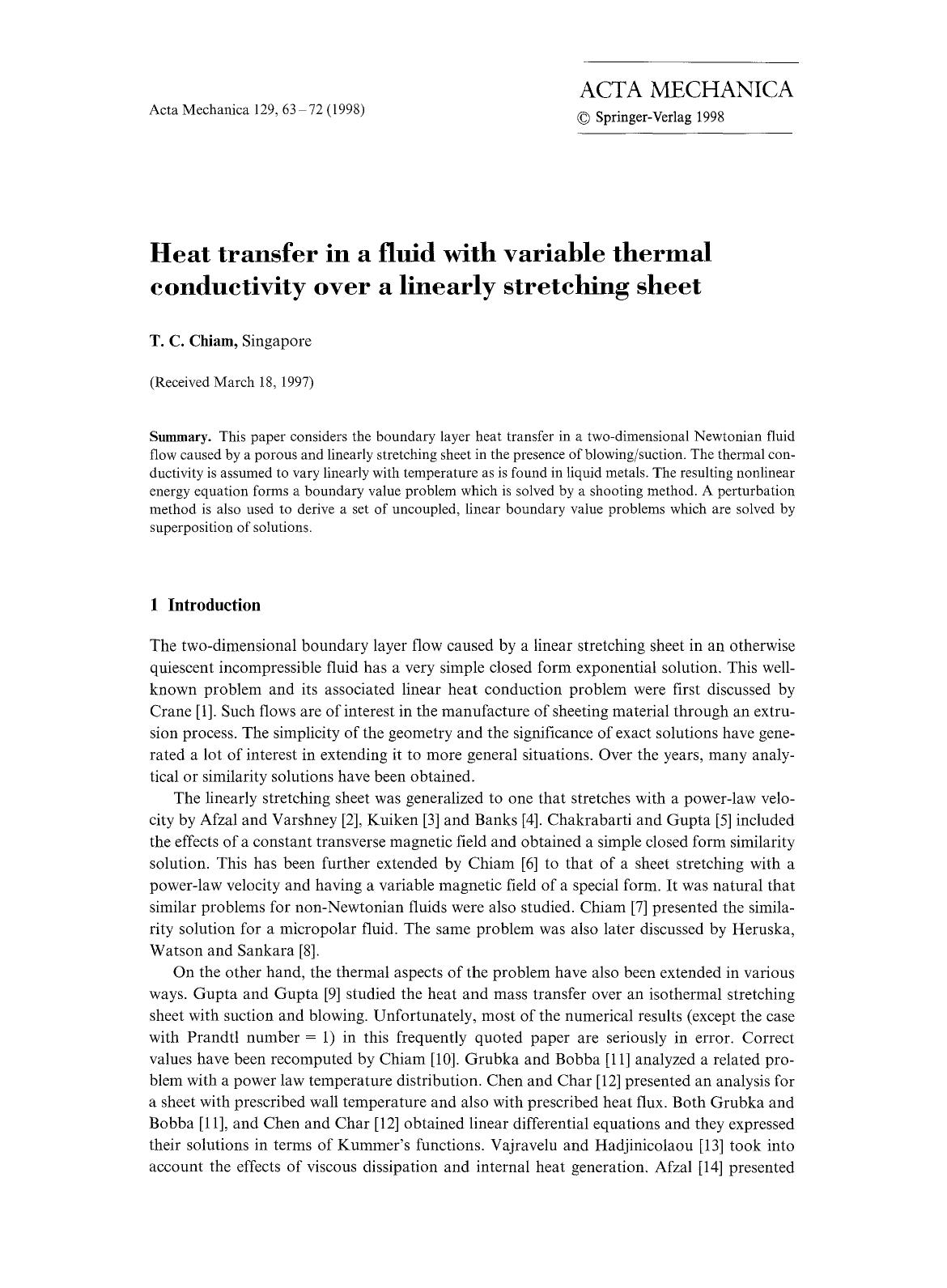 Heat transfer in a fluid with variable thermal conductivity over a linearly stretching sheet by Unknown