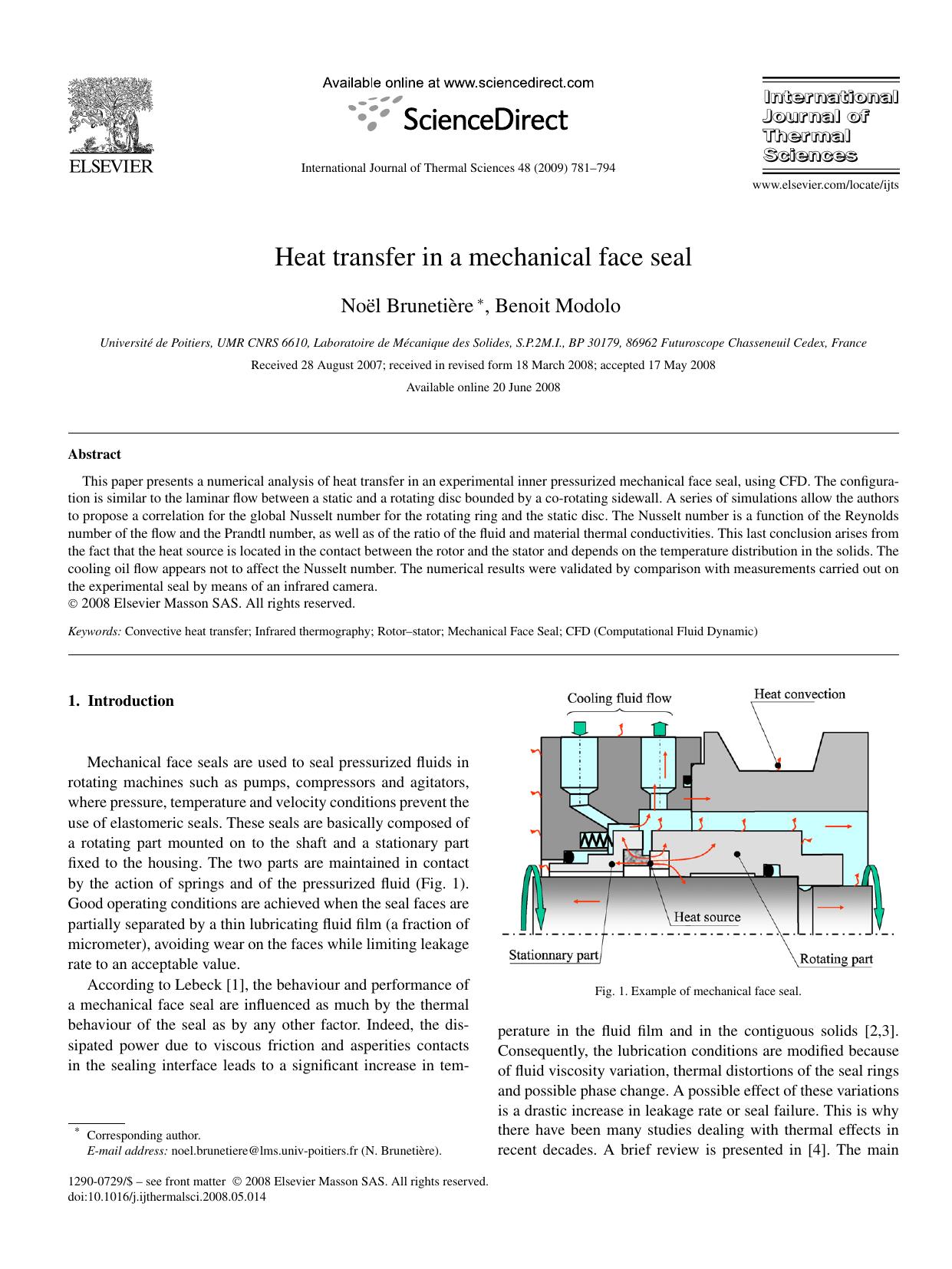 Heat transfer in a mechanical face seal by Noël Brunetière; Benoit Modolo