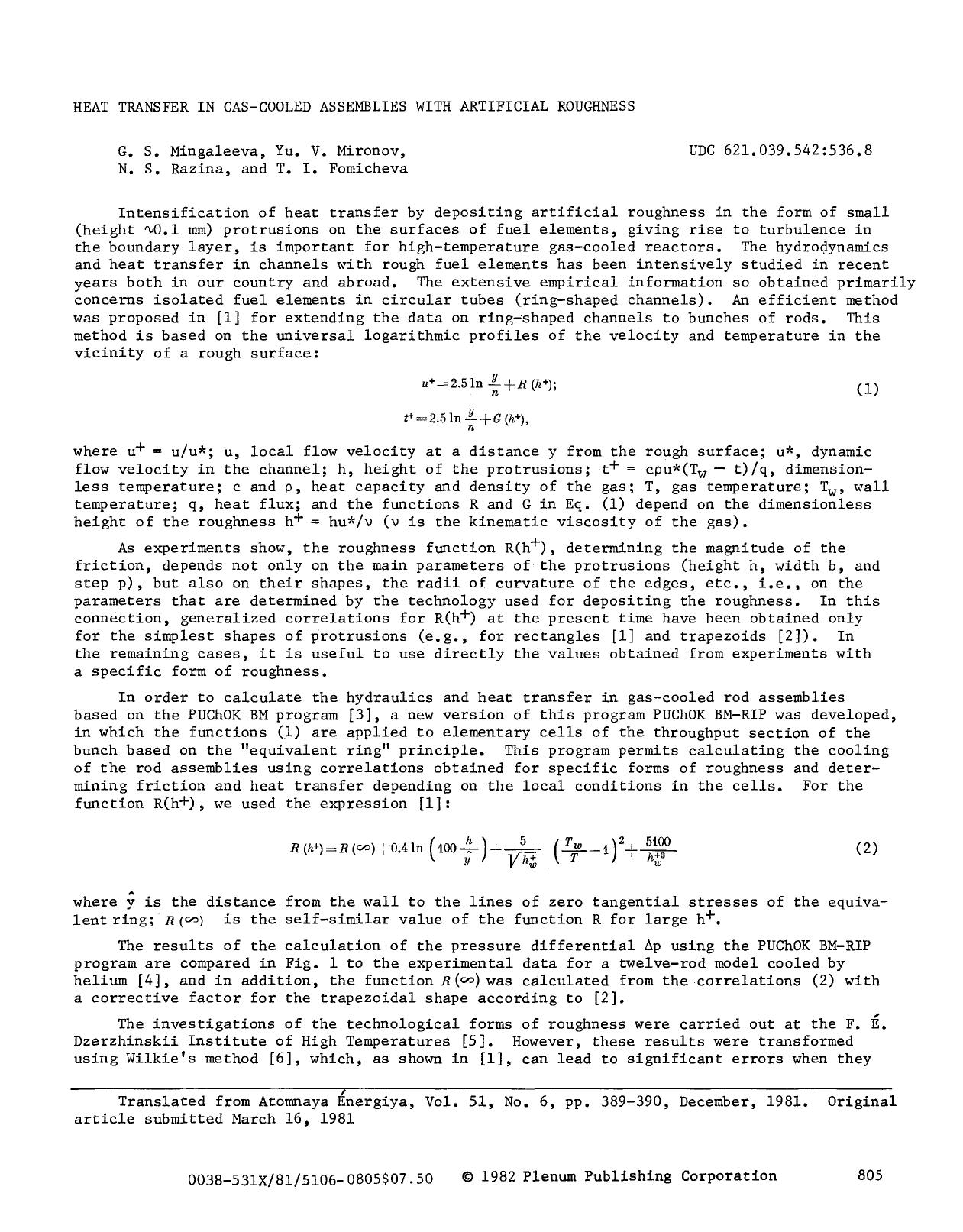 Heat transfer in gas-cooled assemblies with artificial roughness by Unknown