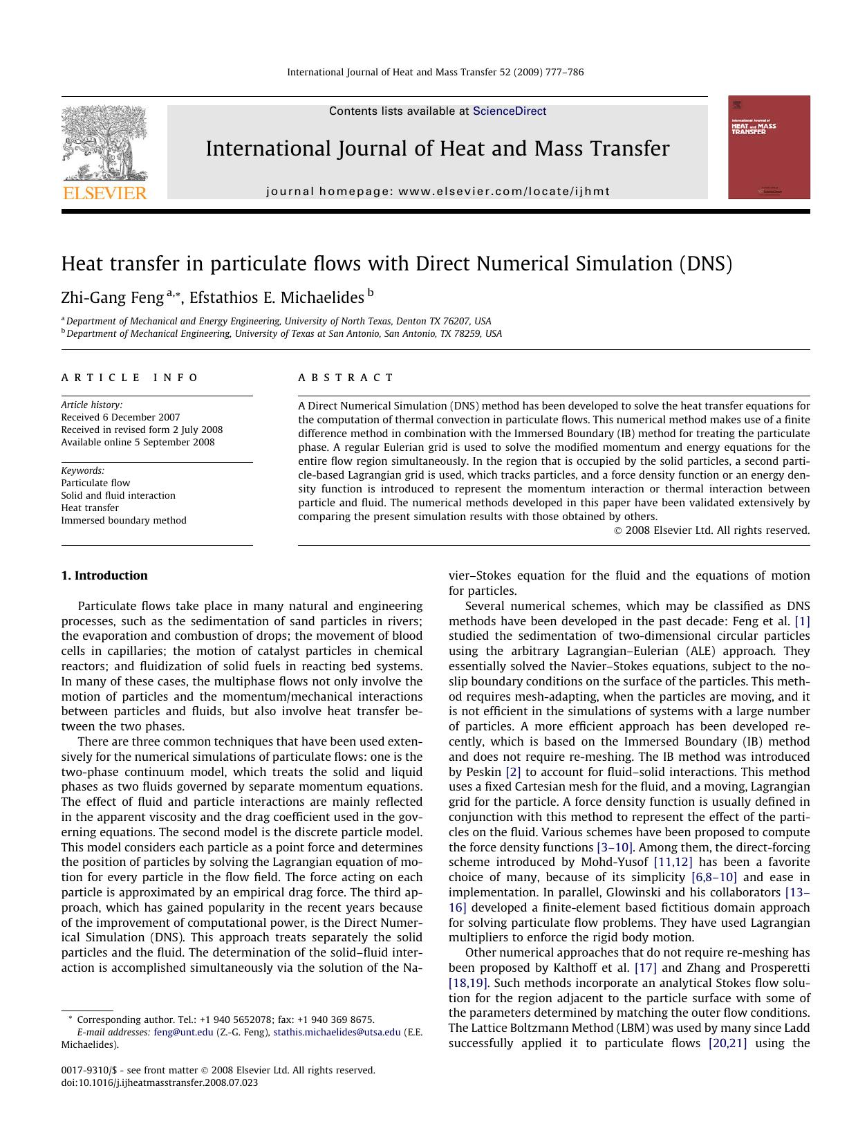 Heat transfer in particulate flows with Direct Numerical Simulation (DNS) by Zhi-Gang Feng; Efstathios E. Michaelides