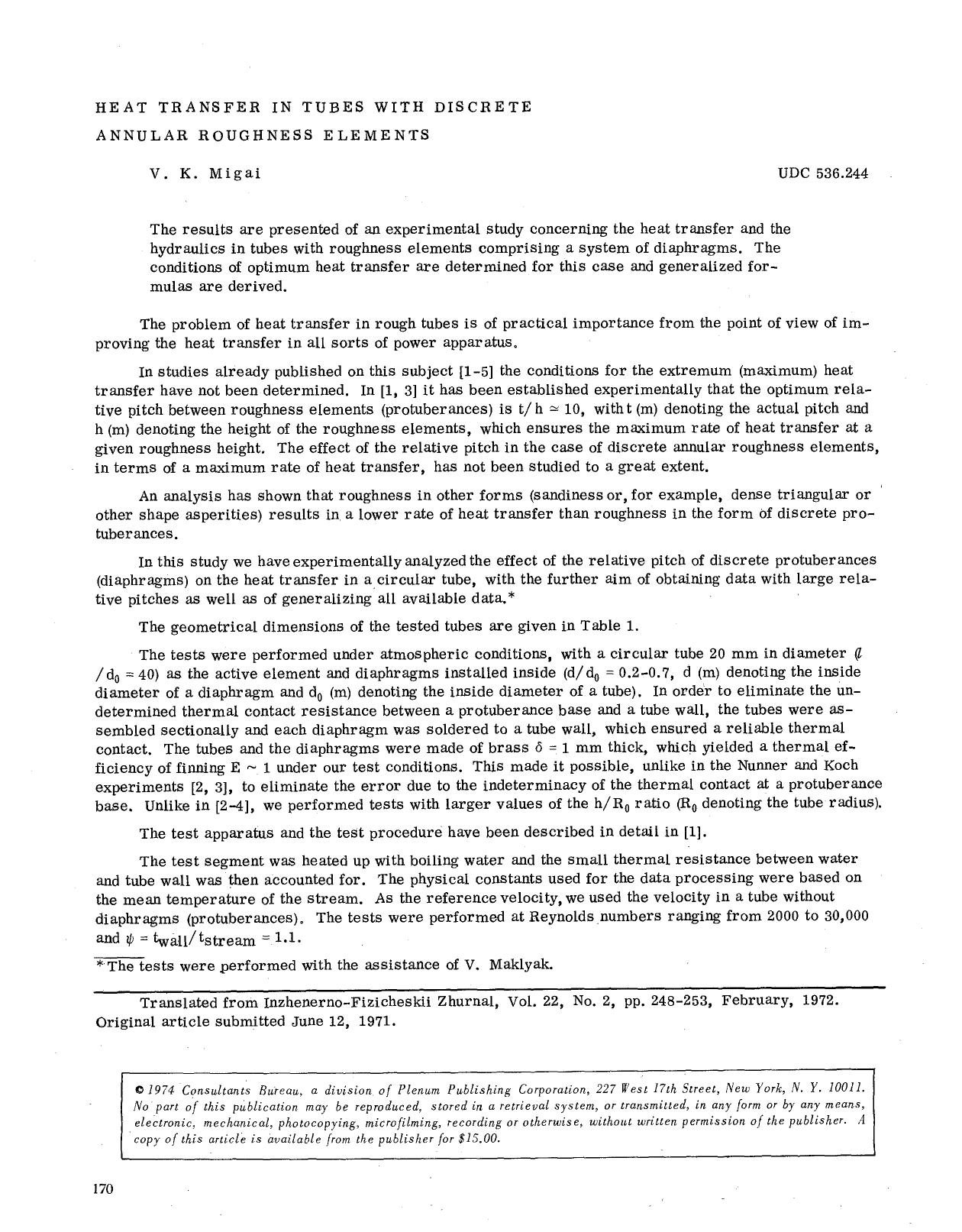 Heat transfer in tubes with discrete annular roughness elements by Unknown
