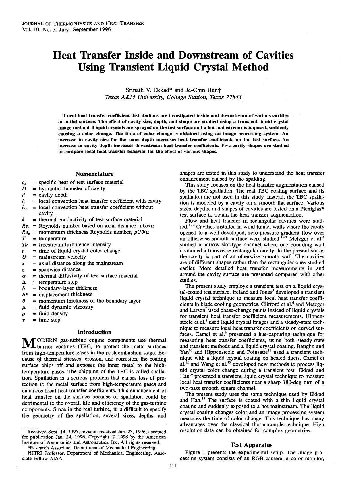 Heat transfer inside and downstream of cavities using transient liquid crystal method by Unknown