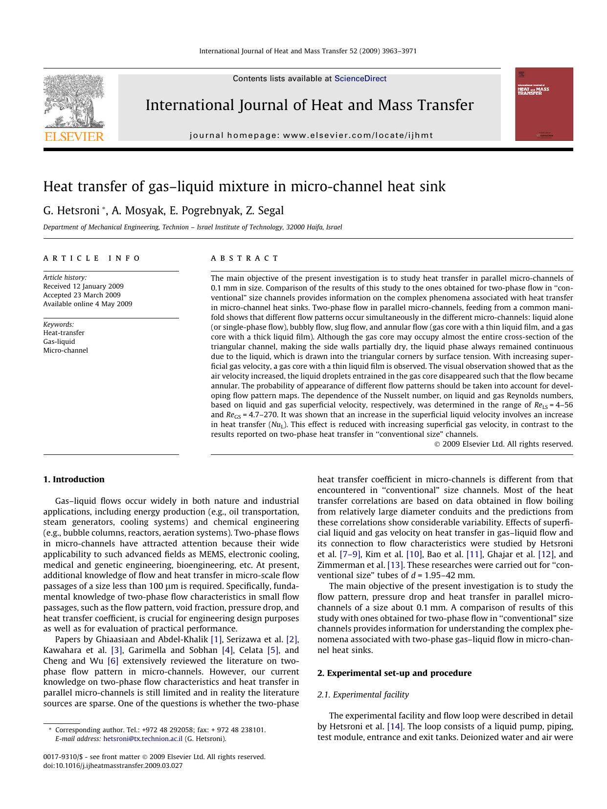 Heat transfer of gasâliquid mixture in micro-channel heat sink by G. Hetsroni; A. Mosyak; E. Pogrebnyak; Z. Segal