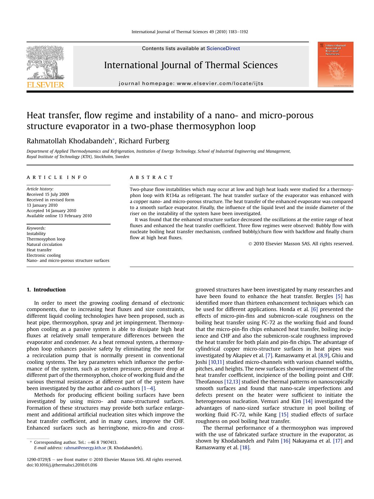 Heat transfer, flow regime and instability of a nano- and micro-porous structure evaporator in a two-phase thermosyphon loop by Rahmatollah Khodabandeh; Richard Furberg