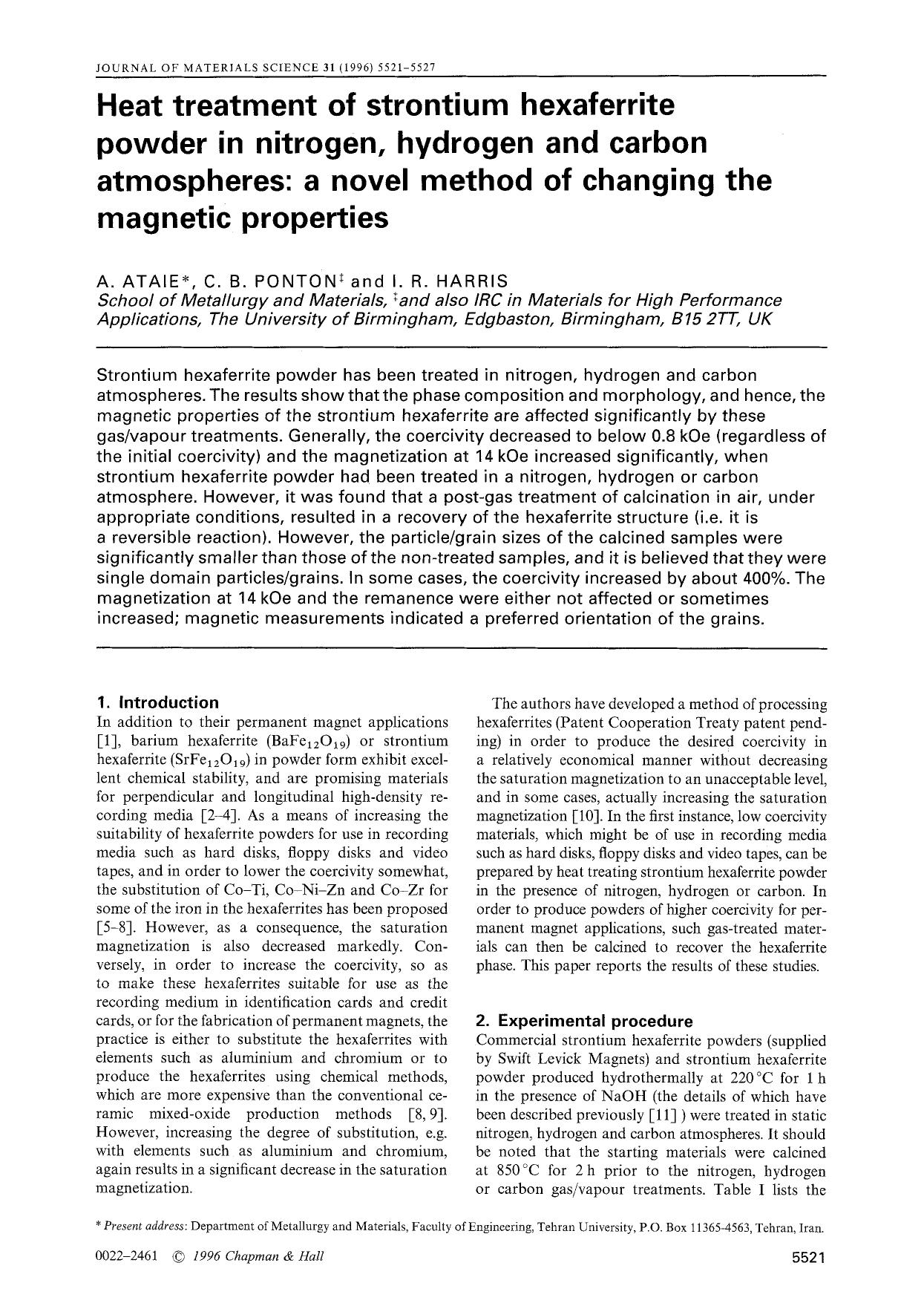 Heat treatment of strontium hexaferrite powder in nitrogen, hydrogen and carbon atmospheres: a novel method of changing the magnetic properties by Unknown