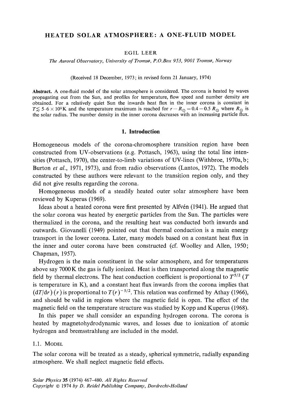 Heated solar atmosphere: A one-fluid model by Unknown