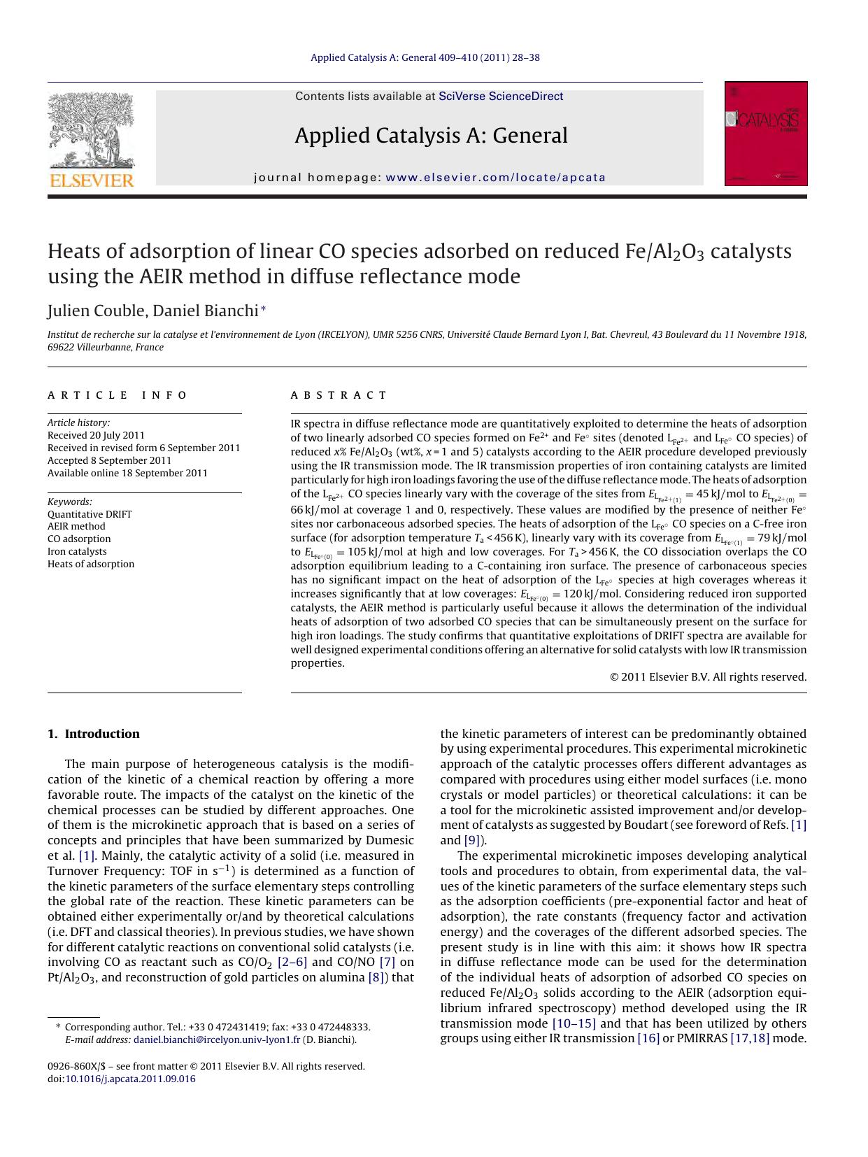 Heats of adsorption of linear CO species adsorbed on reduced FeAl2O3 catalysts using the AEIR method in diffuse reflectance mode by Julien Couble & Daniel Bianchi