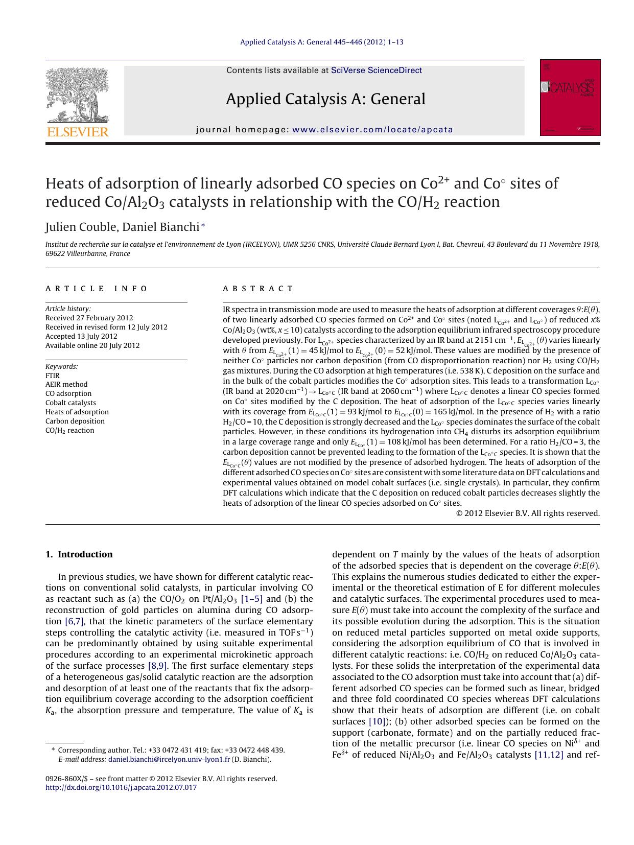 Heats of adsorption of linearly adsorbed CO species on Co2+ and CoÂ° sites of reduced CoAl2O3 catalysts in relationship with the COH2 reaction by Julien Couble