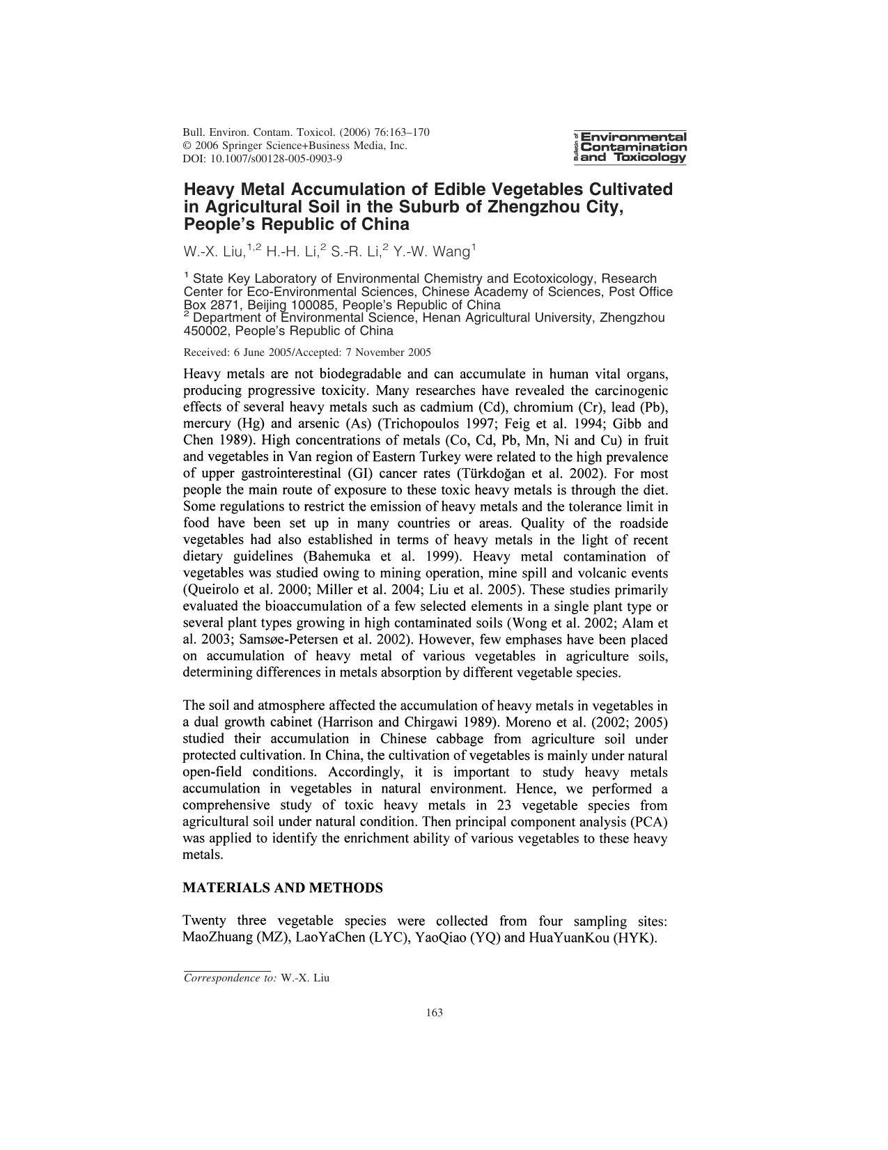Heavy Metal Accumulation of Edible Vegetables Cultivated in Agricultural Soil in the Suburb of Zhengzhou City, People's Republic of China by Liu & W.-X. et al
