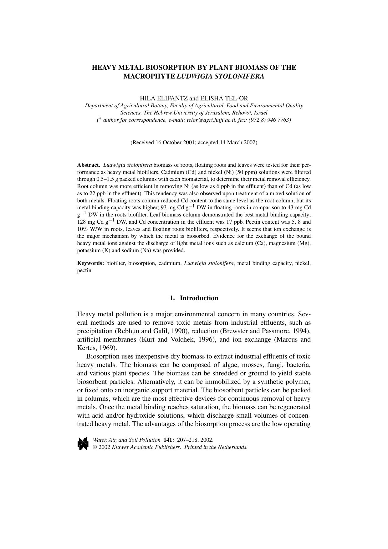 Heavy Metal Biosorption by Plant Biomass of the Macrophyte <Emphasis Type="Italic">Ludwigia Stolonifera<Emphasis> by Unknown