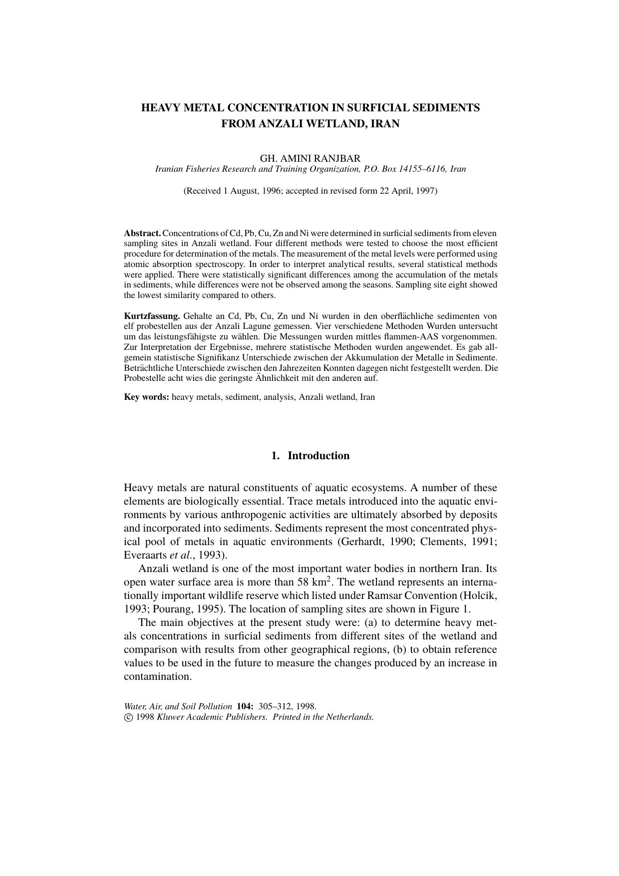 Heavy Metal Concentration in Surficial Sediments from Anzali Wetland, Iran by Unknown