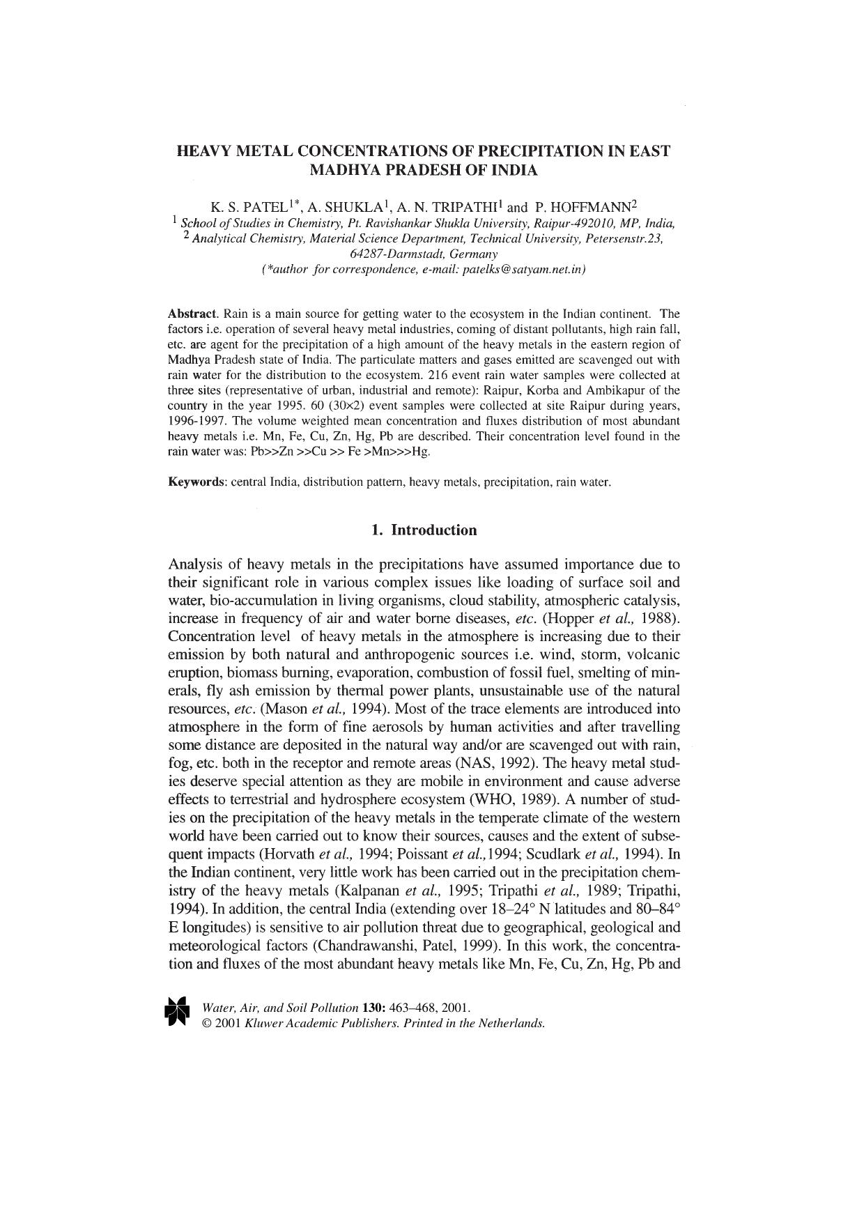 Heavy Metal Concentrations of Precipitation in East Madhya Pradesh of India by Unknown