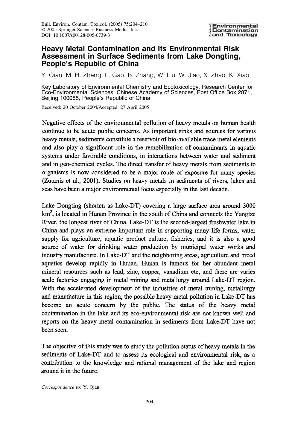 Heavy Metal Contamination and Its Environmental Risk Assessment in Surface Sediments from Lake Dongting, People's Republic of China by Qian Y.; et al
