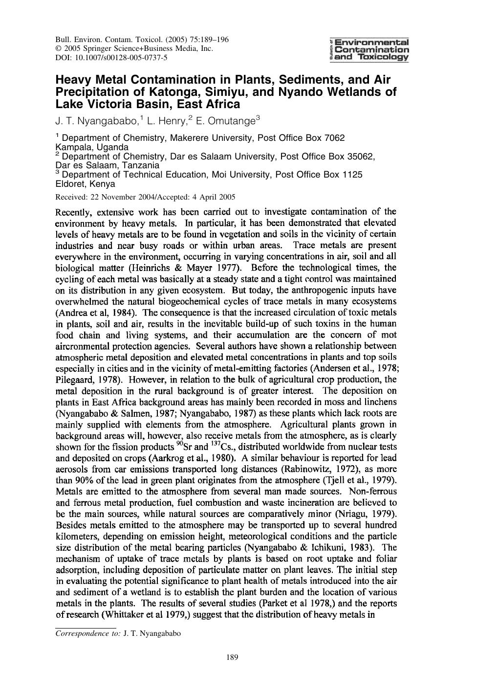 Heavy Metal Contamination in Plants, Sediments, and Air Precipitation of Katonga, Simiyu, and Nyando Wetlands of Lake Victoria Basin, East Africa by Nyangababo J.T.; et al