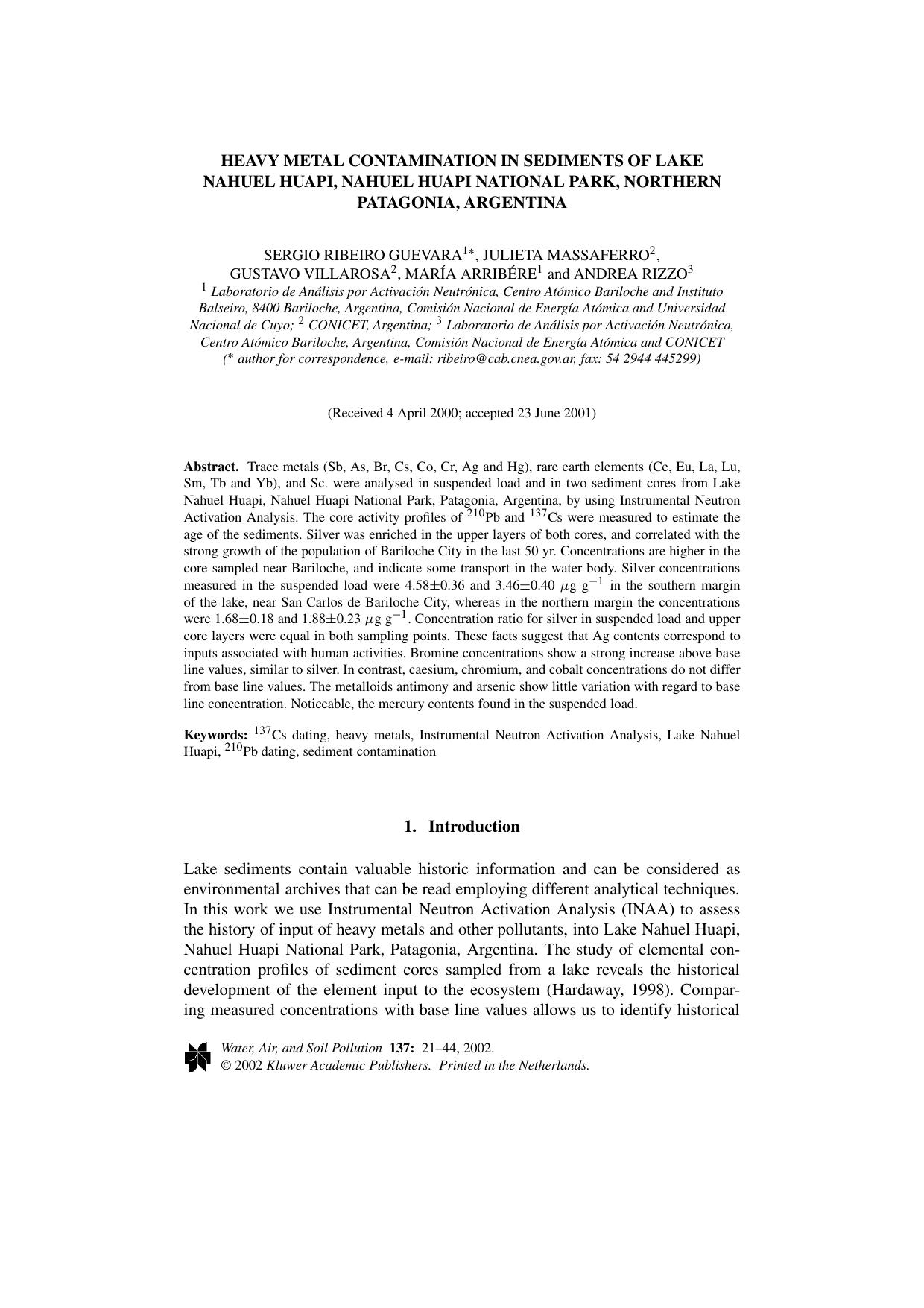 Heavy Metal Contamination in Sediments of Lake Nahuel Huapi, Nahuel Huapi National Park, Northern Patagonia, Argentina by Unknown