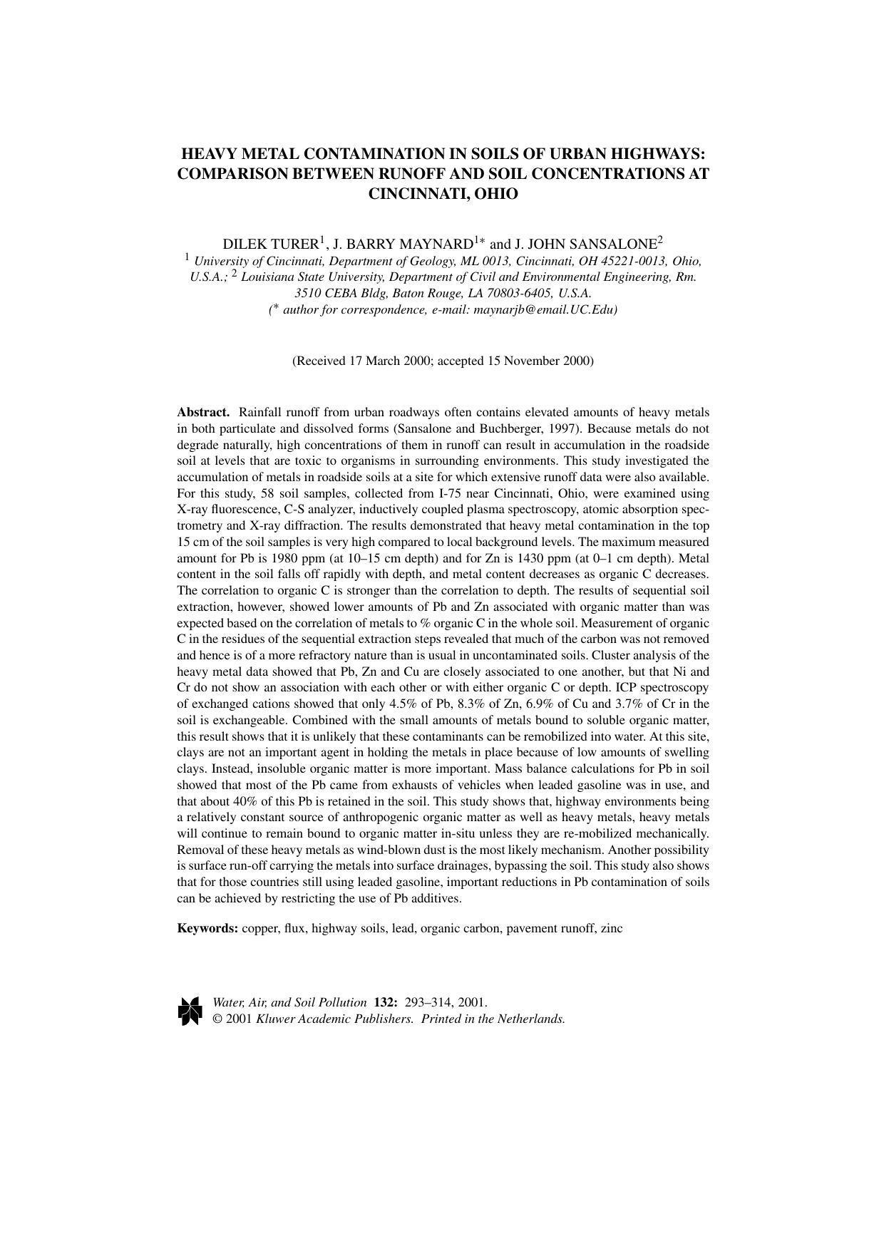 Heavy Metal Contamination in Soils of Urban Highways Comparison Between Runoff and Soil Concentrations at Cincinnati, Ohio by Unknown